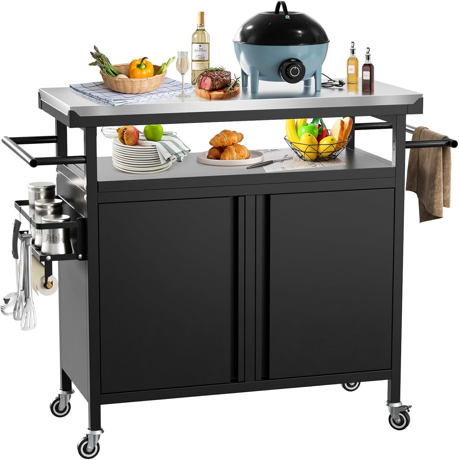 Outdoor Grill Cart Bar Cart with Storage Cabinet for Grilling Accessories
