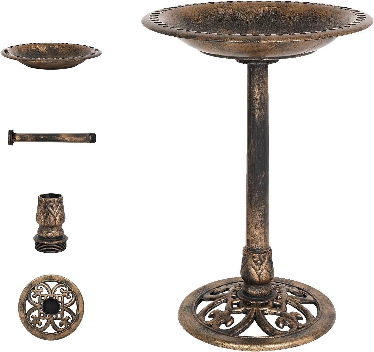 VINGLI Pedestal Bird Bath, Resin Birdbaths Weather Resistant, Bird Baths with Floral Accents & Vintage Finish, Garden Decor for Outdoor, Patio, Yard, Lawn (Copper)