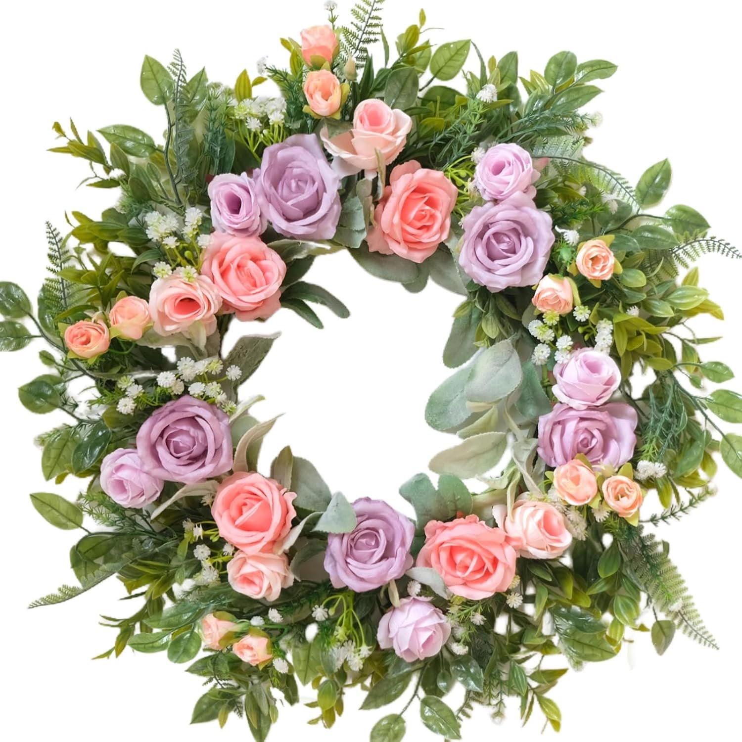 TEMPUS 22″ Spring Wreath for Front Door – Purple Pink Peony & Silk Rose Wreath with Lamb’s Ear Leaves, Farmhouse Floral Door Decor for Spring Summer