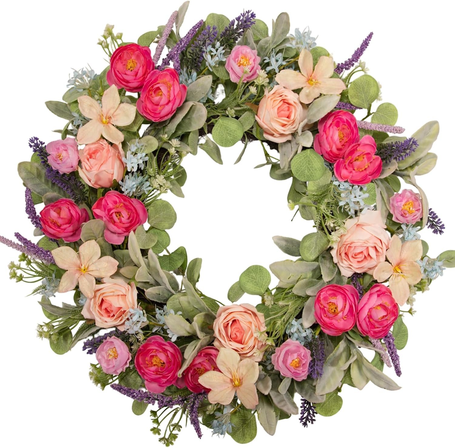 24 Inch Spring Wreath for Front Door, Magenta Pink Rose Floral Wreath with Lavender, Eucalyptus, Lamb’s Ear and Blue Wildflowers, Silk Summer Wreath for Home Porch Wall Window Seasonal Decor