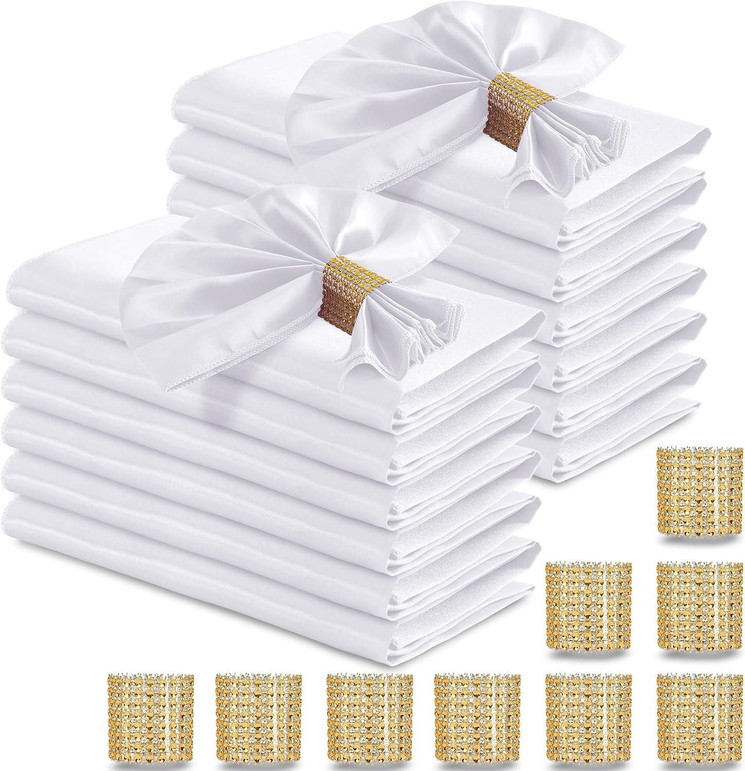 RUDONG M White Satin Napkins and Napkin Rings Set of 50, 17 x 17 Inch | Square Cloth Napkins, Silky Soft, For Weddings, Banquet, Parties Dinner Decoration