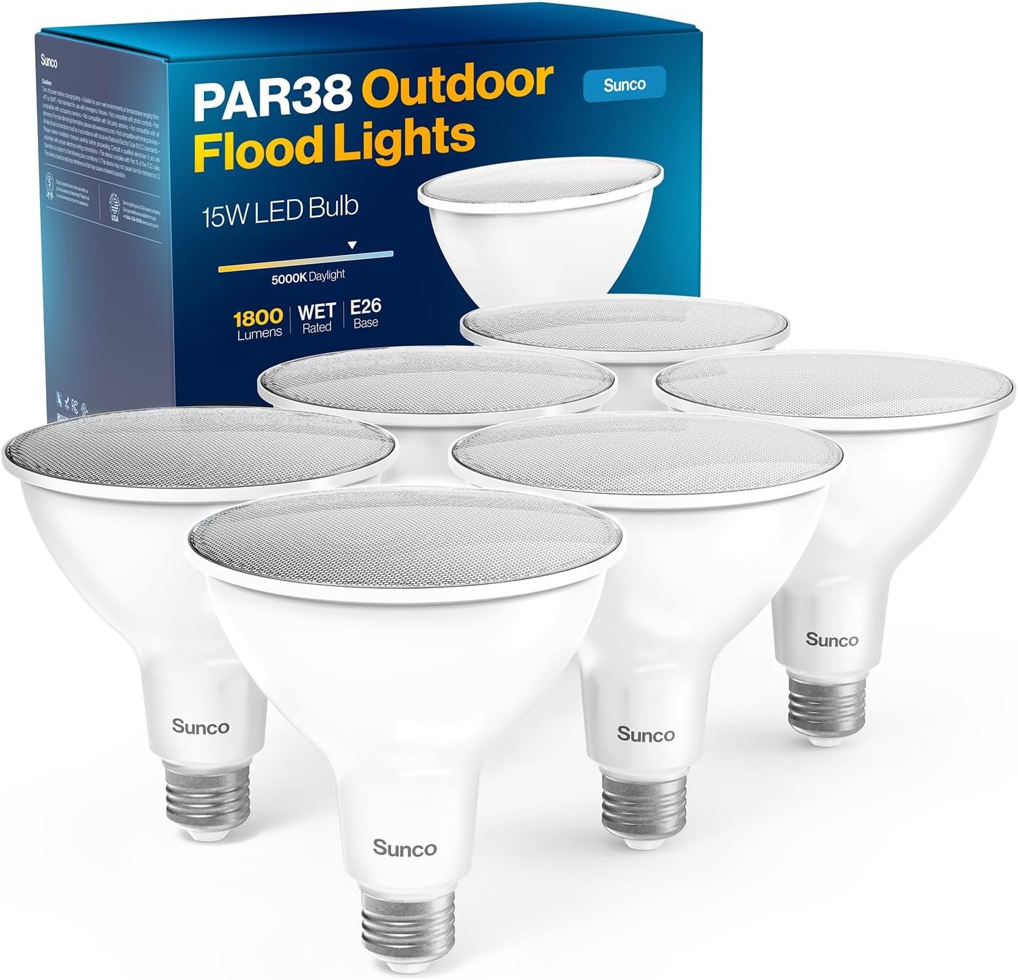 Sunco 6 Pack PAR38 LED Flood Light Bulb, 15W=150W, Dimmable, Waterproof | 1800LM, 5000K Daylight, E26 Medium Base, Outdoor Security Flood Light, Driveway, Porch, Patio, Exterior Yard Spotlight