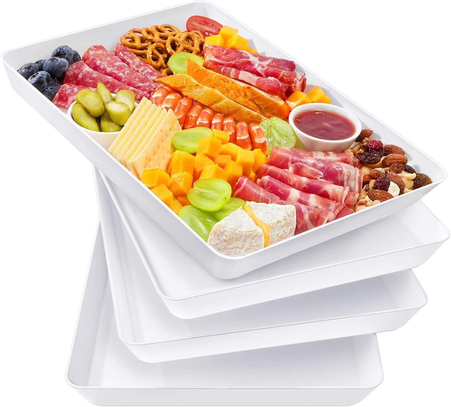 Lifewit 4 Pcs Extra Large Serving Tray for Party, 16″ x 12″ Reusable Plastic Food Serving Platter for Dessert, Fruit, Cookie, Appetizers & Charcuterie, BPA-Free White Catering Trays for Buffet Display