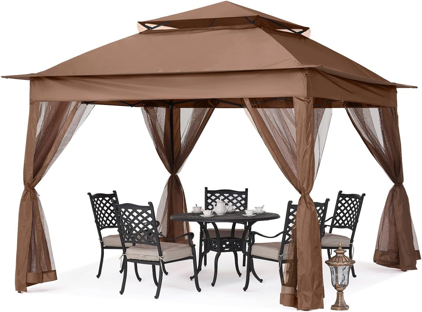 MASTERCANOPY 11×11 ft Pop Up Gazebo with Netting Screen Walls, Brown | 180D Polyester, UPF 50+ Waterproof, Double-Tiered Vented Roof, Instant Portable Canopy, Easy Setup