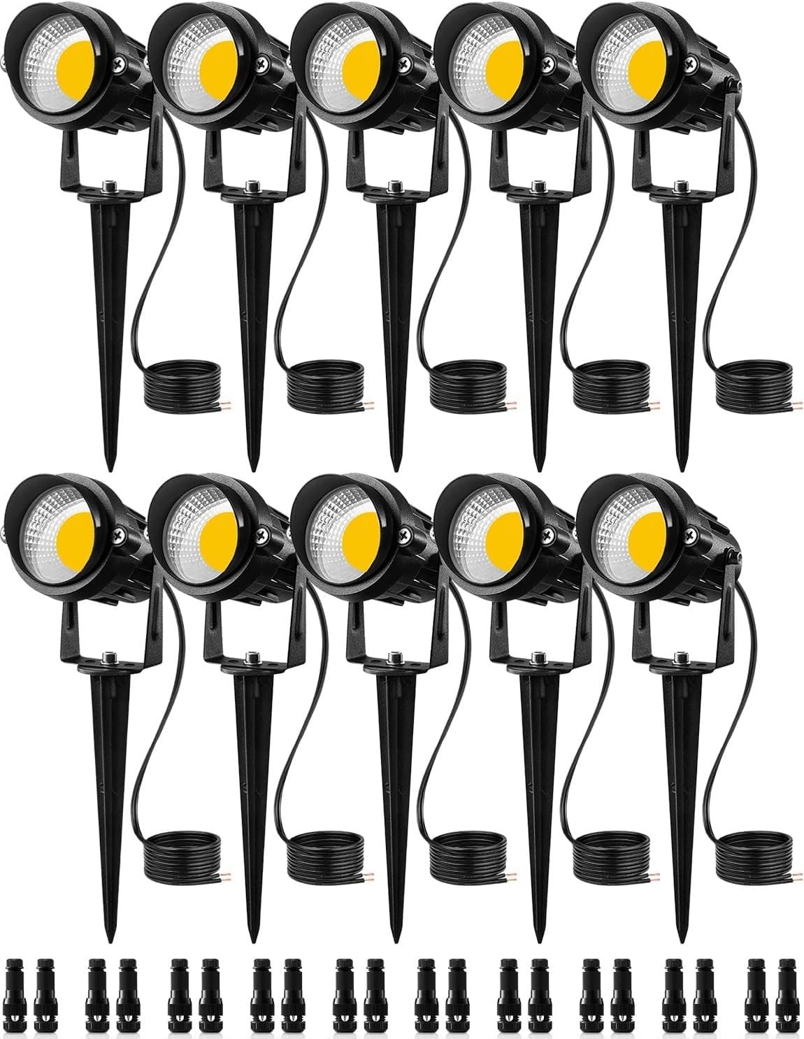 SUNVIE 12W Low Voltage LED Landscape Lights with Connectors, Outdoor 12V Super Warm White (900LM) Waterproof Garden Pathway Lights Wall Tree Flag Spotlights with Spike Stand (10 Pack with Connector) | Outdoor 12V Waterproof Super Warm White 900LM Garden Yard Lights Wall Tree Flag Low Voltag Spotlight (Require Transformer)