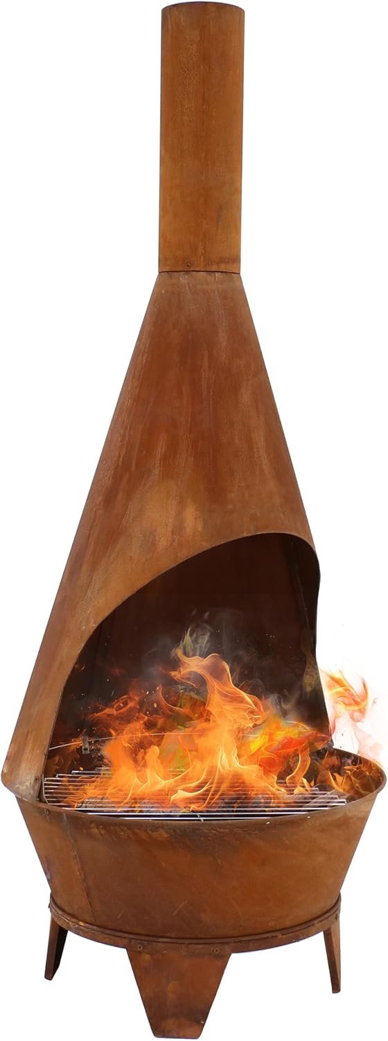 Sunnydaze Large Chiminea Outdoor Fireplace with Grill Grate, Rustic, 75″ | Easy Assembly, Durable Steel Metal Chiminea Fire Pit, Wood Burning, Outside Chimney Firepit for Patio, Deck, or Backyard