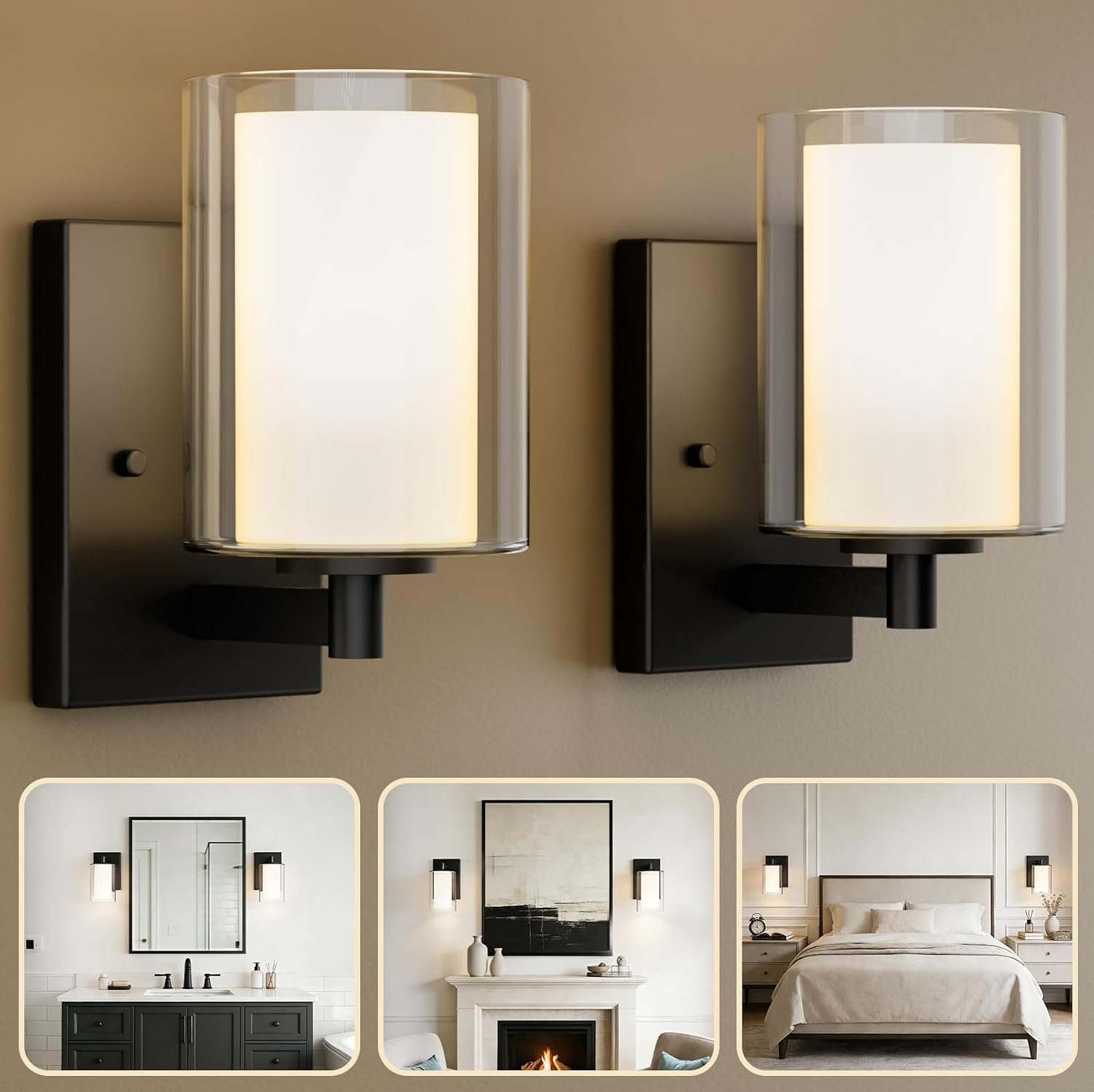 Wall Sconces Set of Two, Modern Matte Black Vanity Wall Lights | Double Clear Glass Shades With E26 Base, Farmhouse Wall Lights For Bathroom, Bedroom, Living Room, Mirror And Hallway.