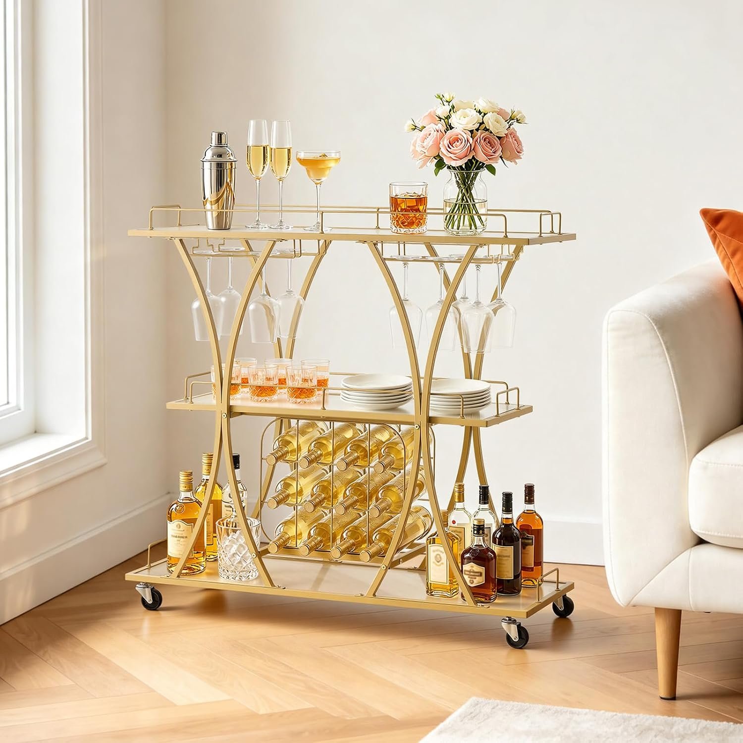 VEVOR Bar Cart, 3 Tiers Home Kitchen Serving Carts, Modern Rolling Utility Station on Wheels, Drink Beverage Trolley with Tempered Glass Shelves, Wine Rack, Glass Holder, for Living Dining Room, Gold