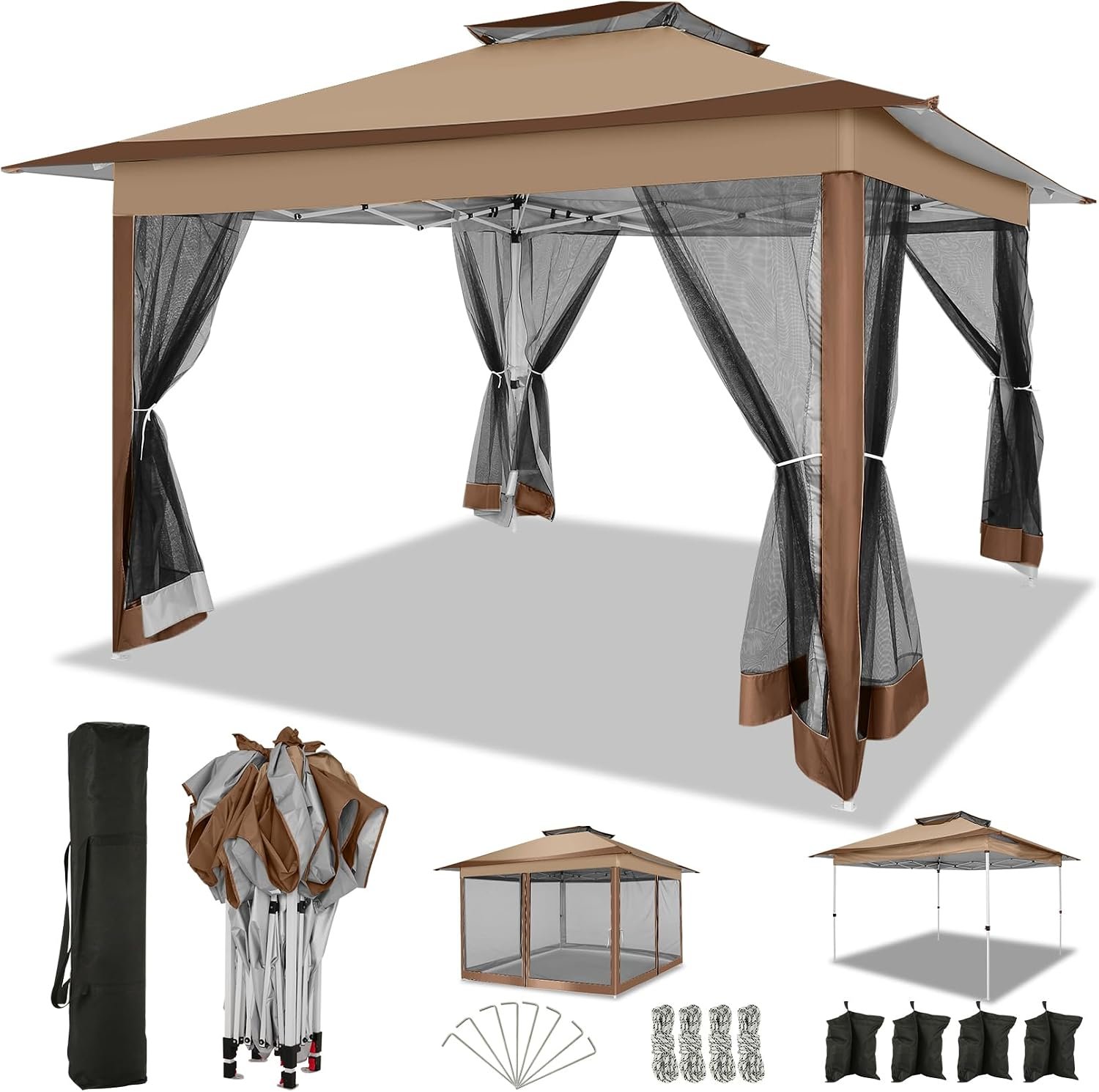 COBIZI 12×12 FT Pop up Gazebo on Clearance Canopy Tent, Carpas para Patio, Easy up Outdoor Canopy Tents with Portable Storage Bag for Backyard, Outdoor Waterproof Gazebos for Garden,Camping, Brown