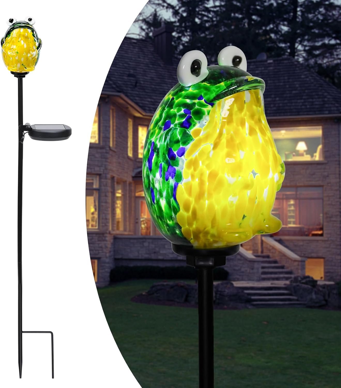 Solar Lights Outdoor Decorative, Hand Blown Glass Frog Yard Stake | Hand-Blown Glass Frog Solar Stake Light, Auto On/Off, Waterfroof Design, Rust-Proof Metal Stake for Lawn, Yard & Pathway