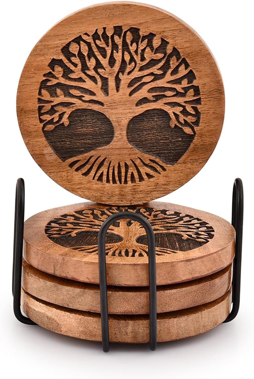 Kimona Coasters Set of 4 Handmade Round Wooden Tree of Life Coasters for Drinks with Iron Holder for Any Table Type for Bar Kitchen Home Apartment (4″ x 4″ x 0.5″)