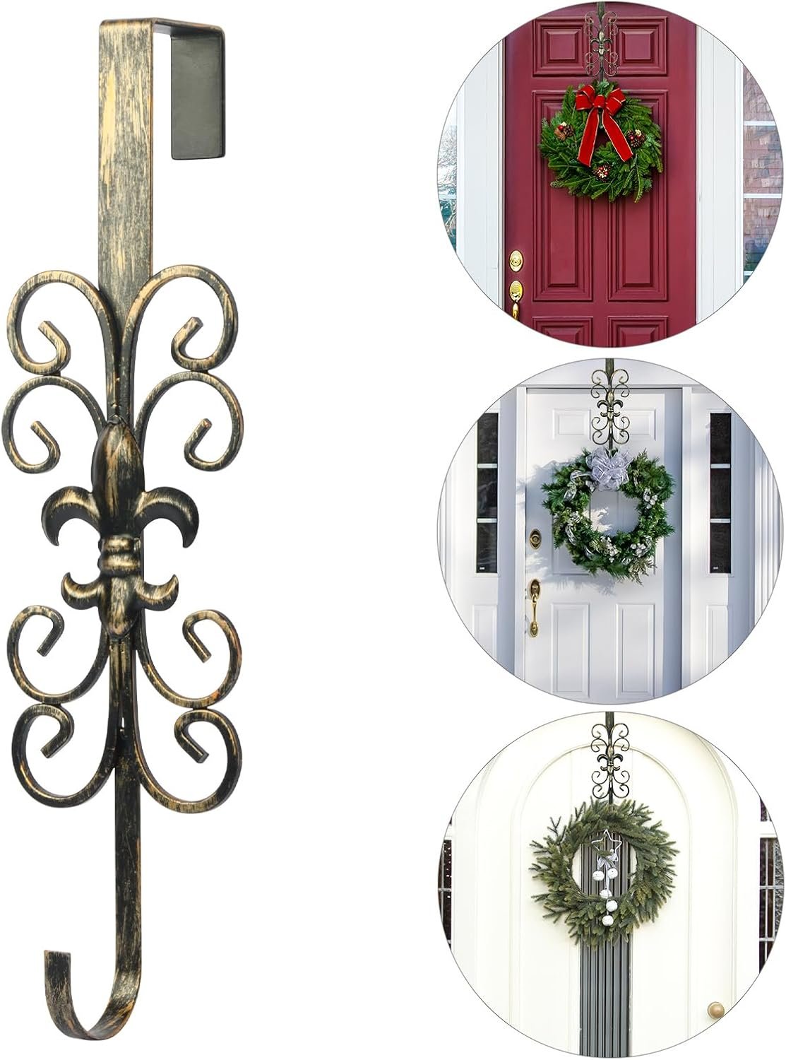 Golden Wreath Hangers for Front Door, Vintage Metal Wreath Hanger, 15.5″ Elegant Door Hanger, Door Wreath Hanger for Easter Christmas Halloween Fall Decoration, Welcome Sign Wreath Hangers for Door