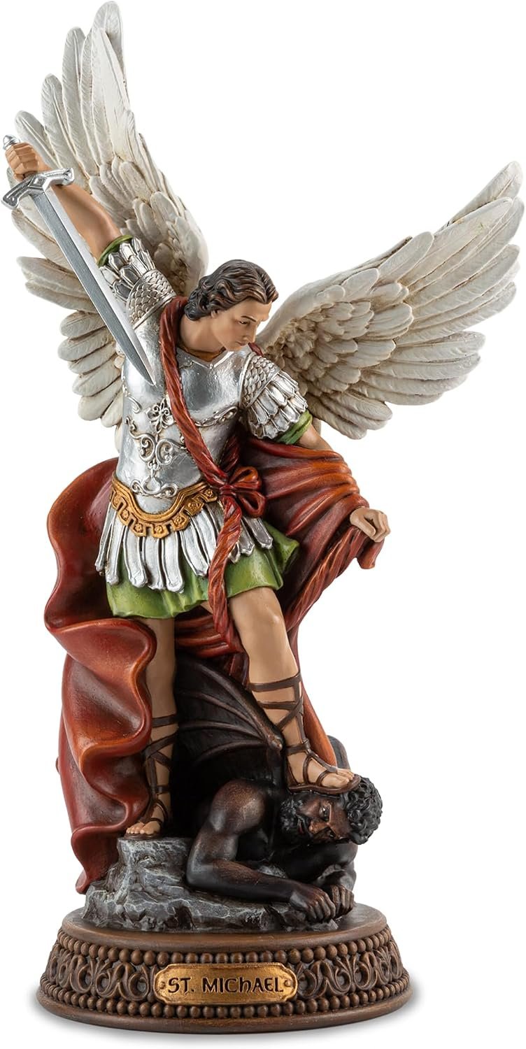 DevotedWalls St Michael the Archangel Statue, 12 Inch San Miguel Arcangel | St. Michael Guardian Angel Hand-Painted in Full Color Defeating Satan with Name Plate, Catholic Patron Saint Home Altar Decor