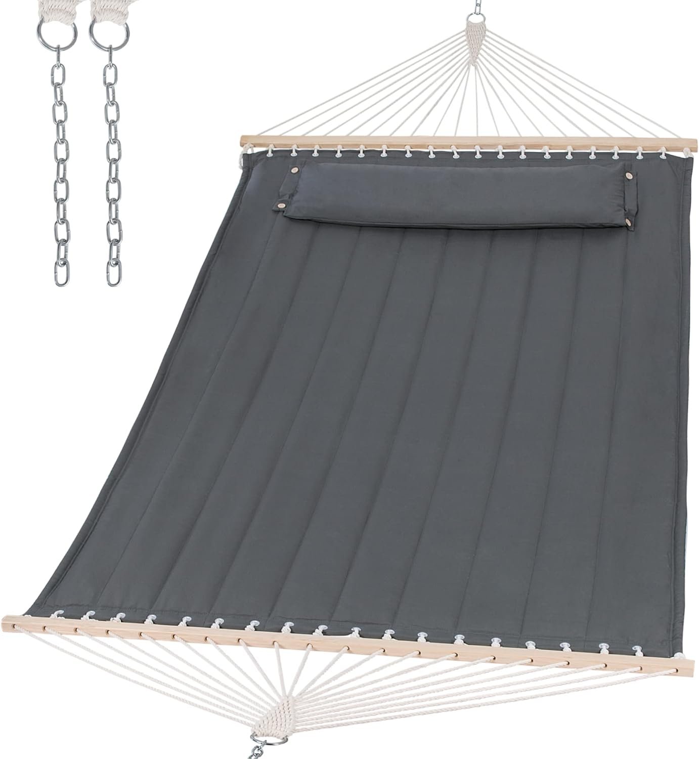 Heavy Duty 2 Person Hammock for Indoor, Outdoor, Gray | Portable Tree Hammock with Hardwood Spreader Bar, Extra Large Soft Pillow