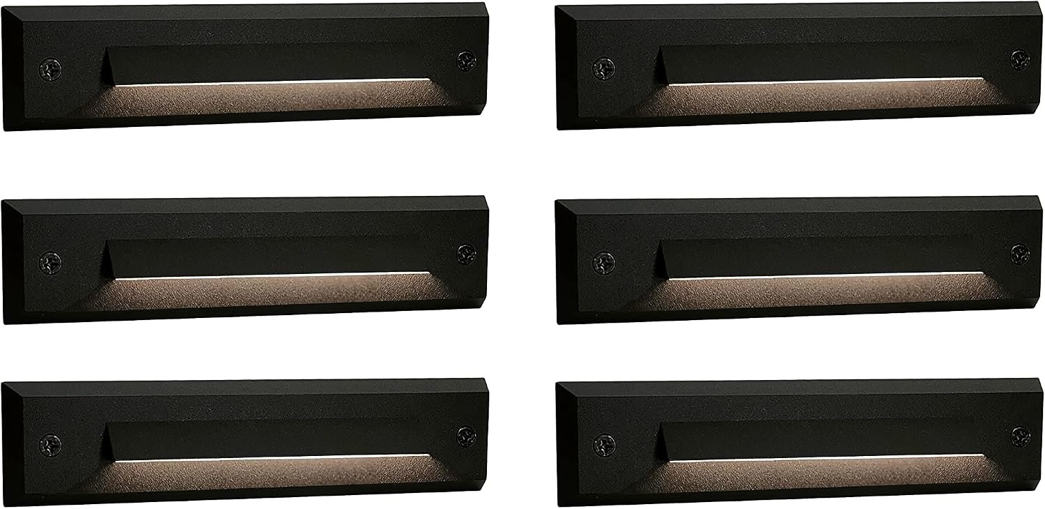 6-Pack Low Voltage 9-15V AC/DC LED Linear Step Lights, 2W Landscape Cutoff Stair Riser Light, Outdoor Waterproof Accent Lighting Fixtures, Die-cast Aluminum with Black Powder Coated Finish