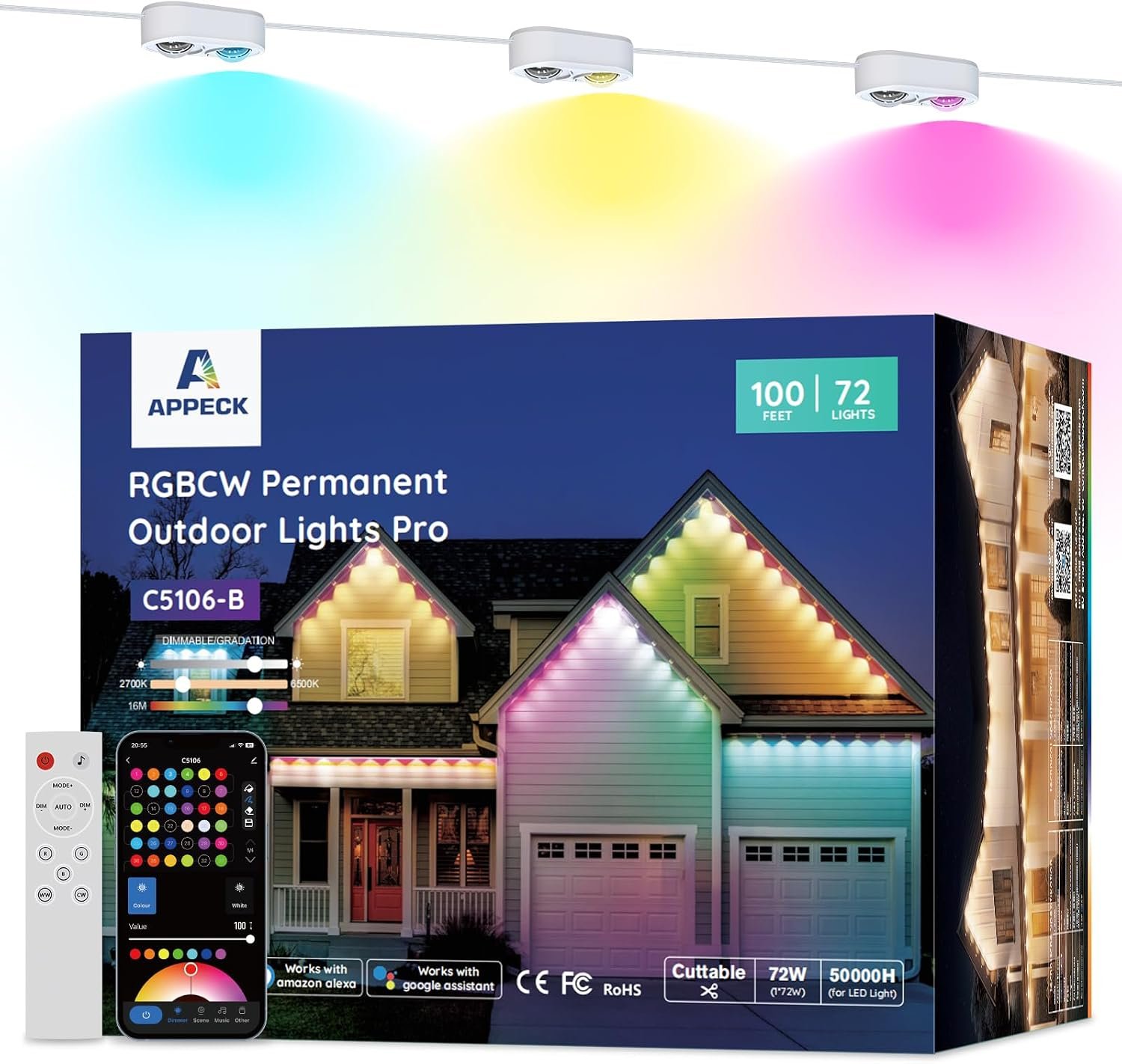 Permanent Outdoor Lights Pro, 100ft with 72 RGBCW Eaves Lights | Dual Lens, 72W, 80lm, Cuttable, IP67 Waterproof Lighting for Daily and Holiday Decor, Compatible with Alexa, White