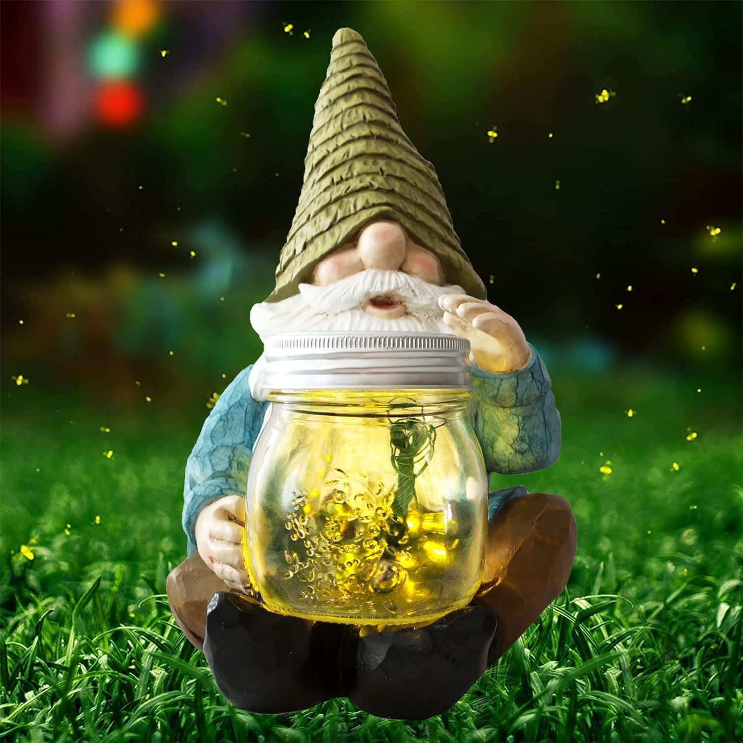 Solar Firefly Jar Gnome Statues – Large GardenGnome Funny 10.6″ | LED Lights ResinStatues Outdoor Decor for Courtyard, Lawn, Porch, and Patio Christmas, Birthday Gift for Mom, Grandma, Women
