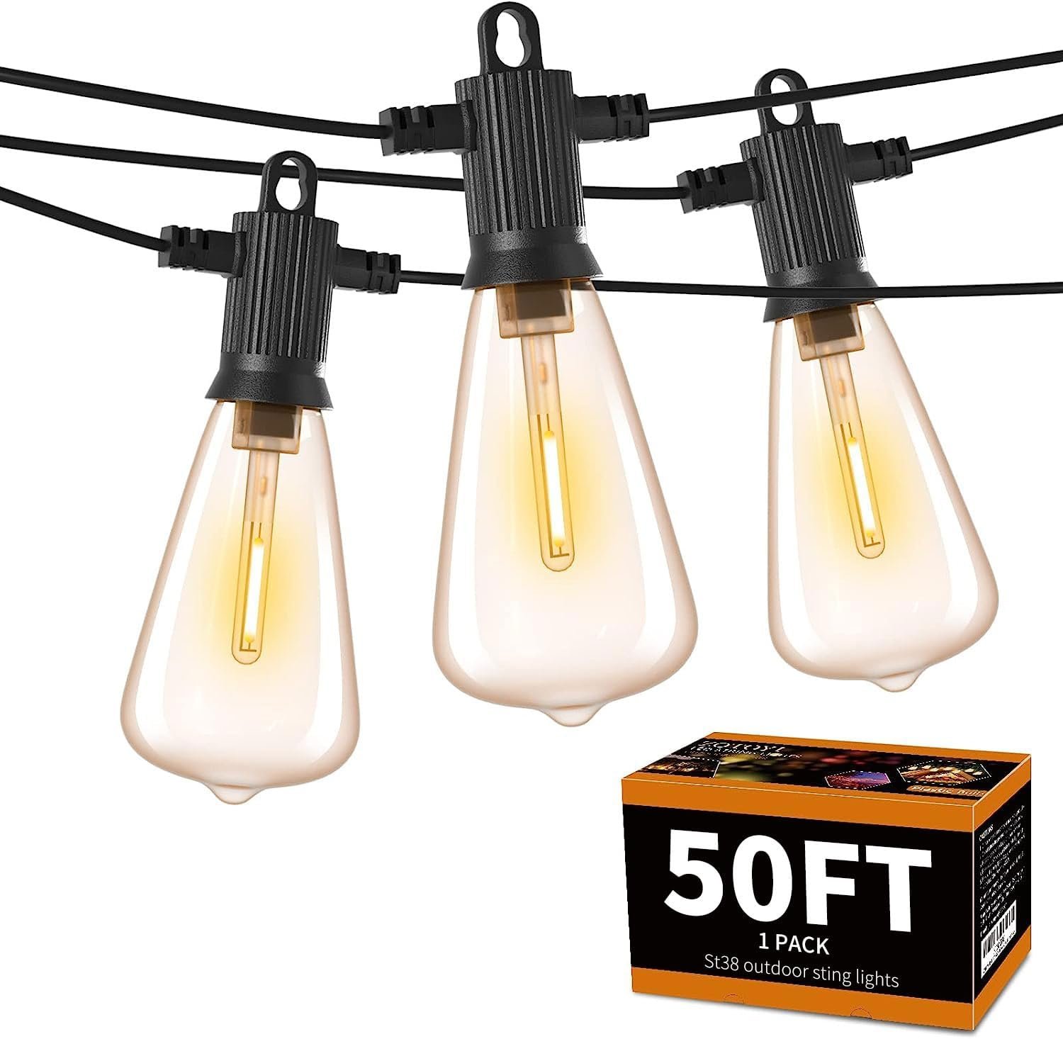 ZOTOYI Outdoor String Lights 50 FT, Patio Bulbs with 27 LED Plastic Edison ST38 Bulbs (2 Spare), Waterproof IP65 Outdoor Hanging Lights for Garden, Backyard, Cafe, Porch, Gift, Gazebo – Dimmable 2700K