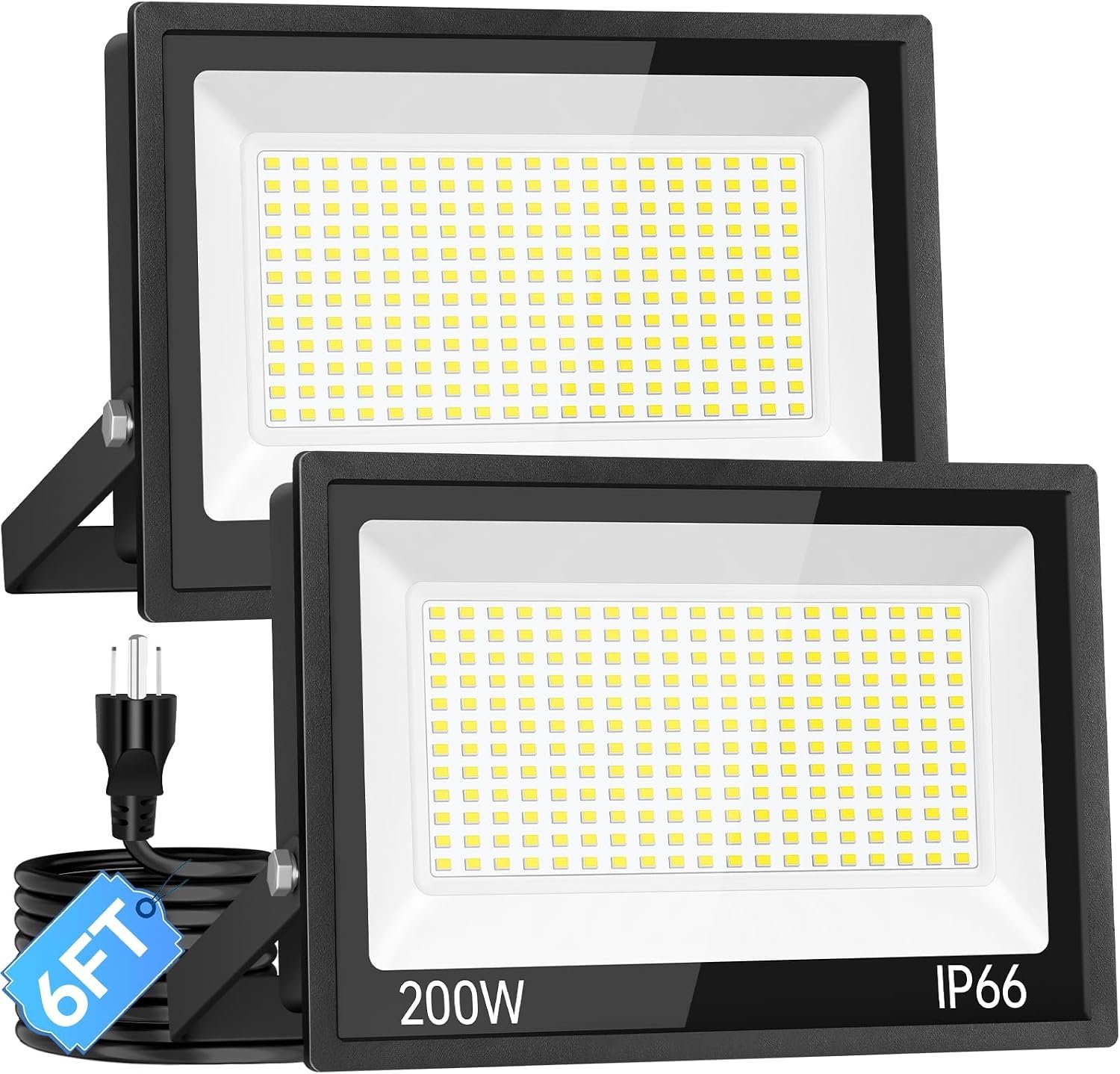 24000LM 200W LED Flood Light Outdoor Plug in, IP66 for Yard Garage, 5000K | LED Floodlight with 6ft Wire, Super Brighter Security Light, Waterproof Work Light for Backyard Garden Stadium, 2 Pack