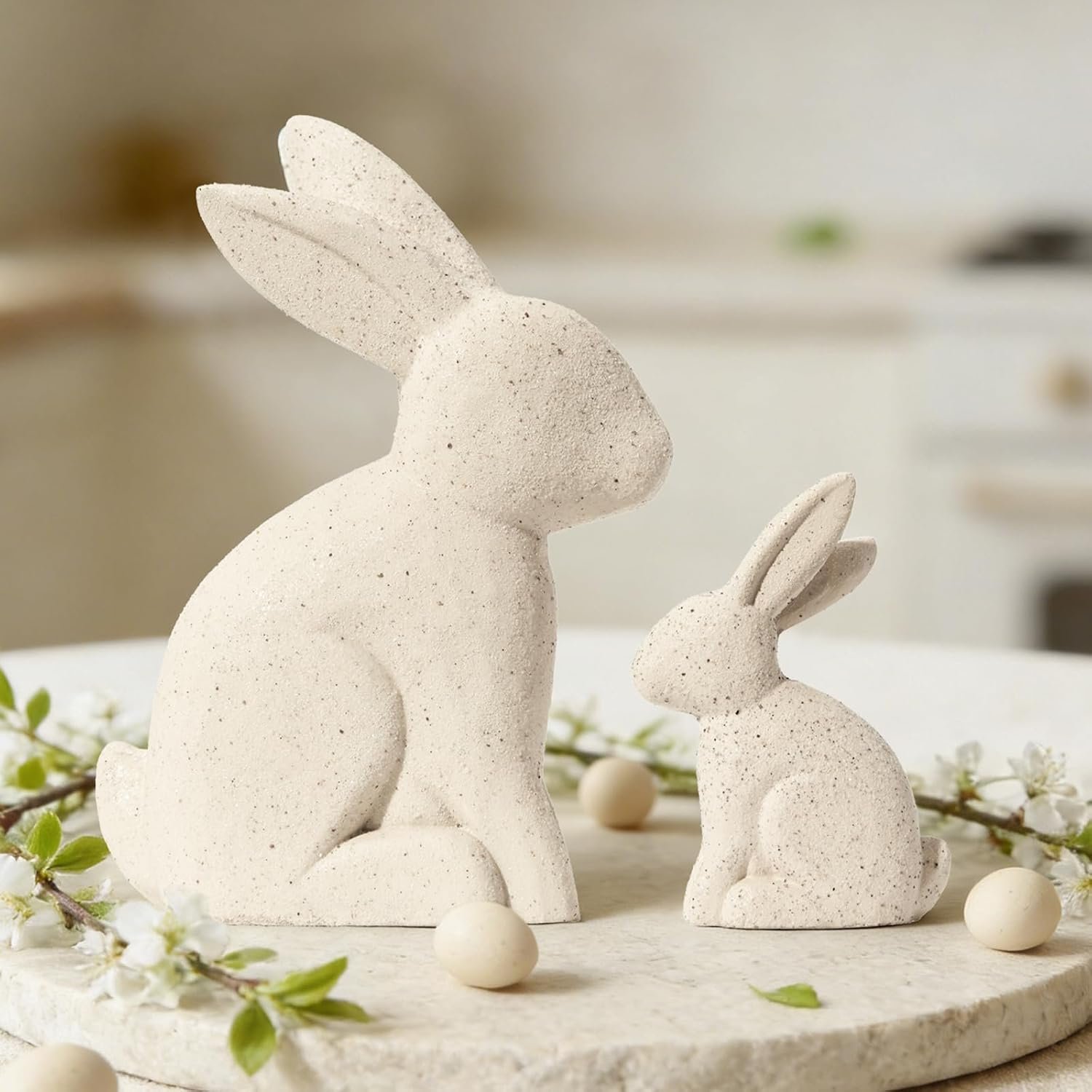 DN DECONATION Easter Decorations White Bunny Decor Rabbit Figurines, Wabi Sabi Easter Bunny Statue Set of 2 for Spring Tabletop Home Decor Farmhouse Shelf Mantel, Pressed Wood Sculpture