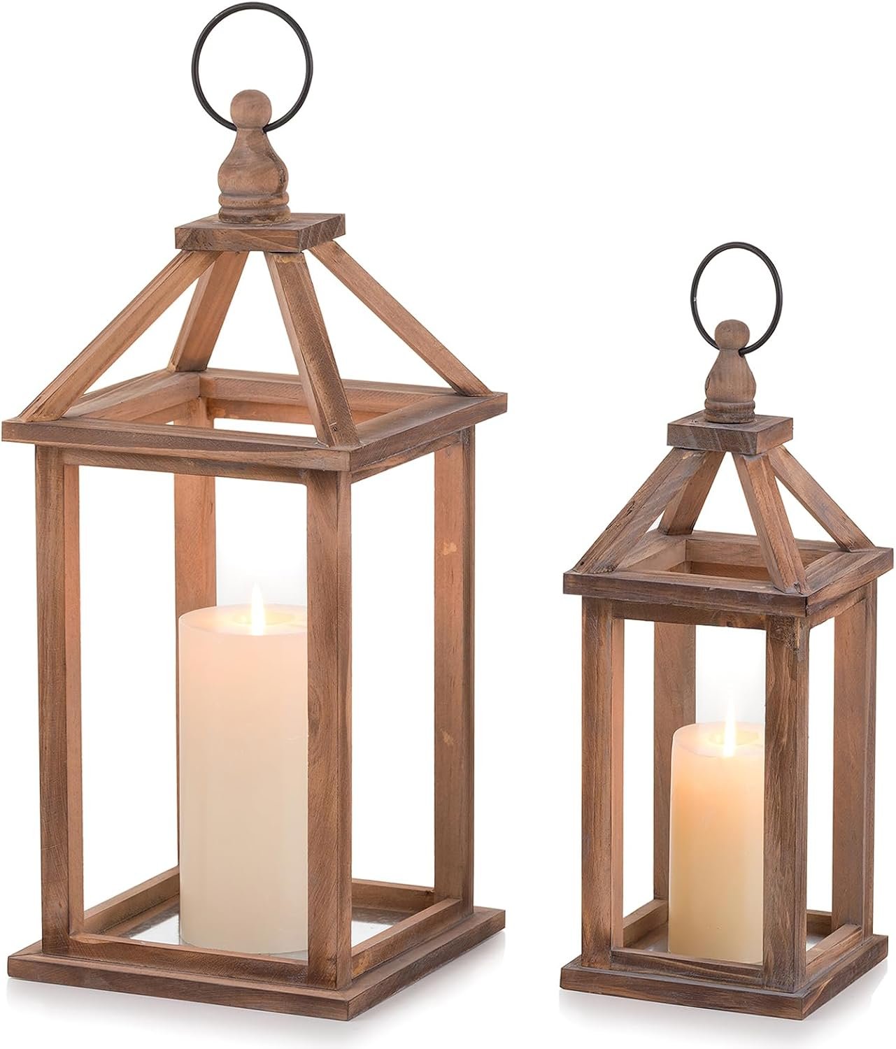 Romadedi Wood Candle Lantern Decorative, Brown, Rustic Decor Set of 2 | Farmhouse Wooden Lanterns, Decorative Candle Holder, Wedding Table Centerpiece, Indoor Outdoor, Fireplace Decorations