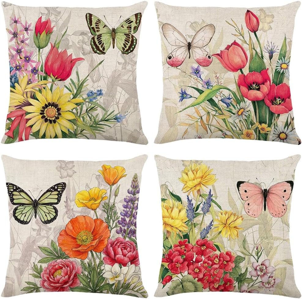 wyooxoo Throw Pillow Covers 18×18 Set of 4 Decorative Spring Pillow Covers Linen Flower Butterfly Farmhouse Pillowcases for Sofa Couch Living Room Outdoor