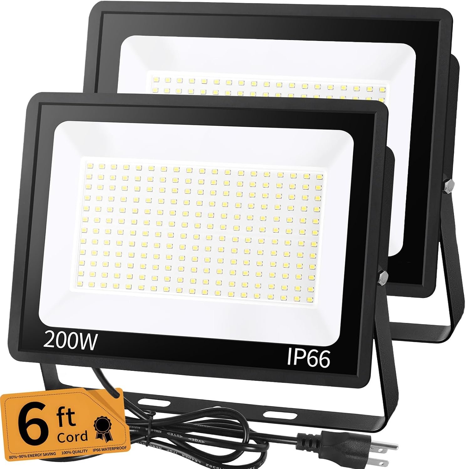200W LED Flood Light Outdoor, 24000LM Exterior Security Lights, 2 Pack | 5000K Daylight Work Light, IP66 Waterproof Brighter, Floodlights for Yard, Garage, Workshop, Stadium, Lawn, Outdoor