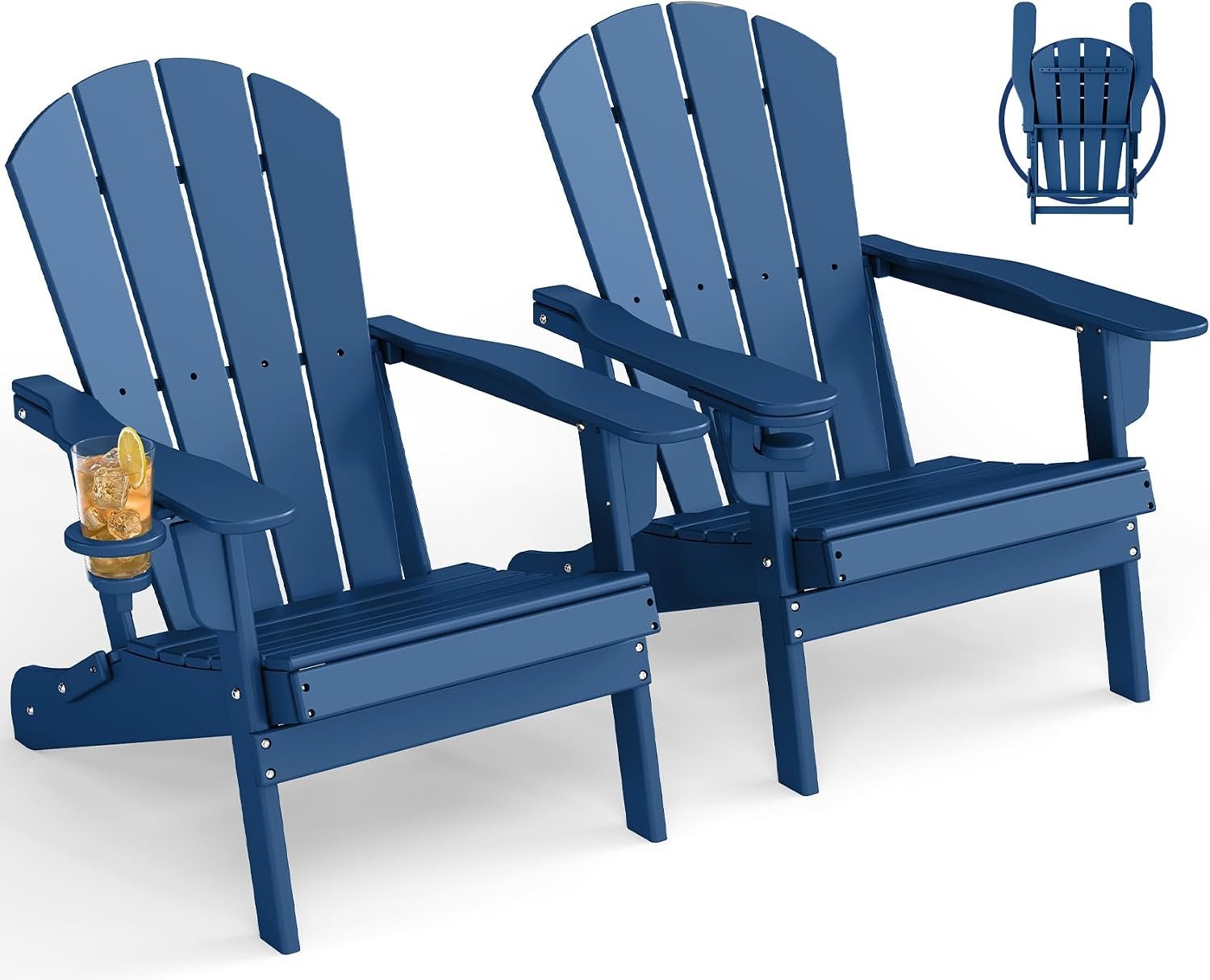 GREENVINES Folding Adirondack Chairs Set of 2 w/Cup Holder, HDPE, Blue | Cup Holder | Space-saving | All Weather | Patio Fire Pit Chairs | 4.5” Wide Armrests | 20.1” Wide Seat | 350LBS Capacity