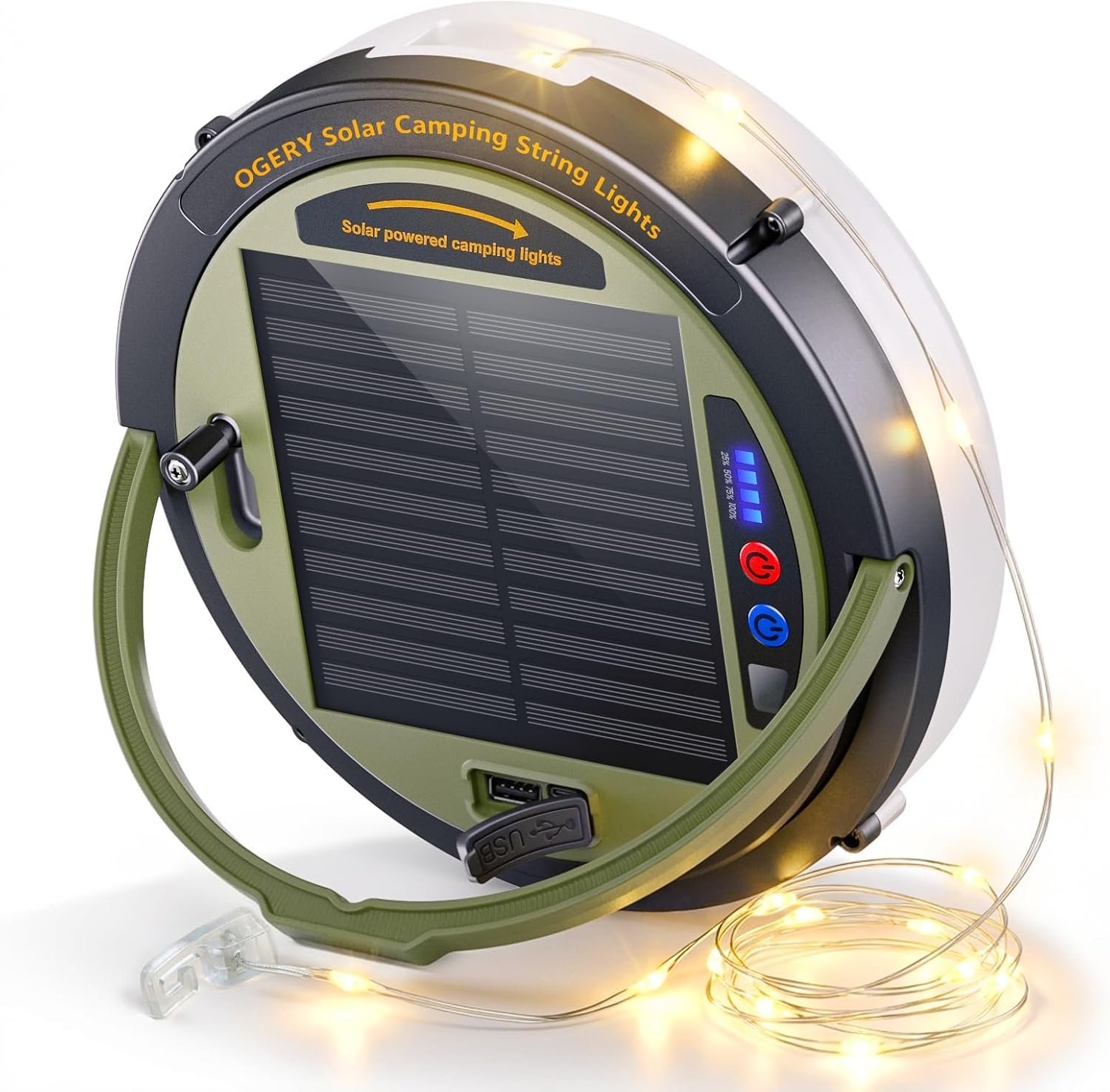 Solar Camping String Lights, 5400mAh/ 49.2FT/ 11 Modes Rechargeable | Camping Lights Outdoor/Indoor, 4-in-1 Quick Storage Fairy Tent Lights Portable LED Lamp for Patio Yard Party Decor Essentials