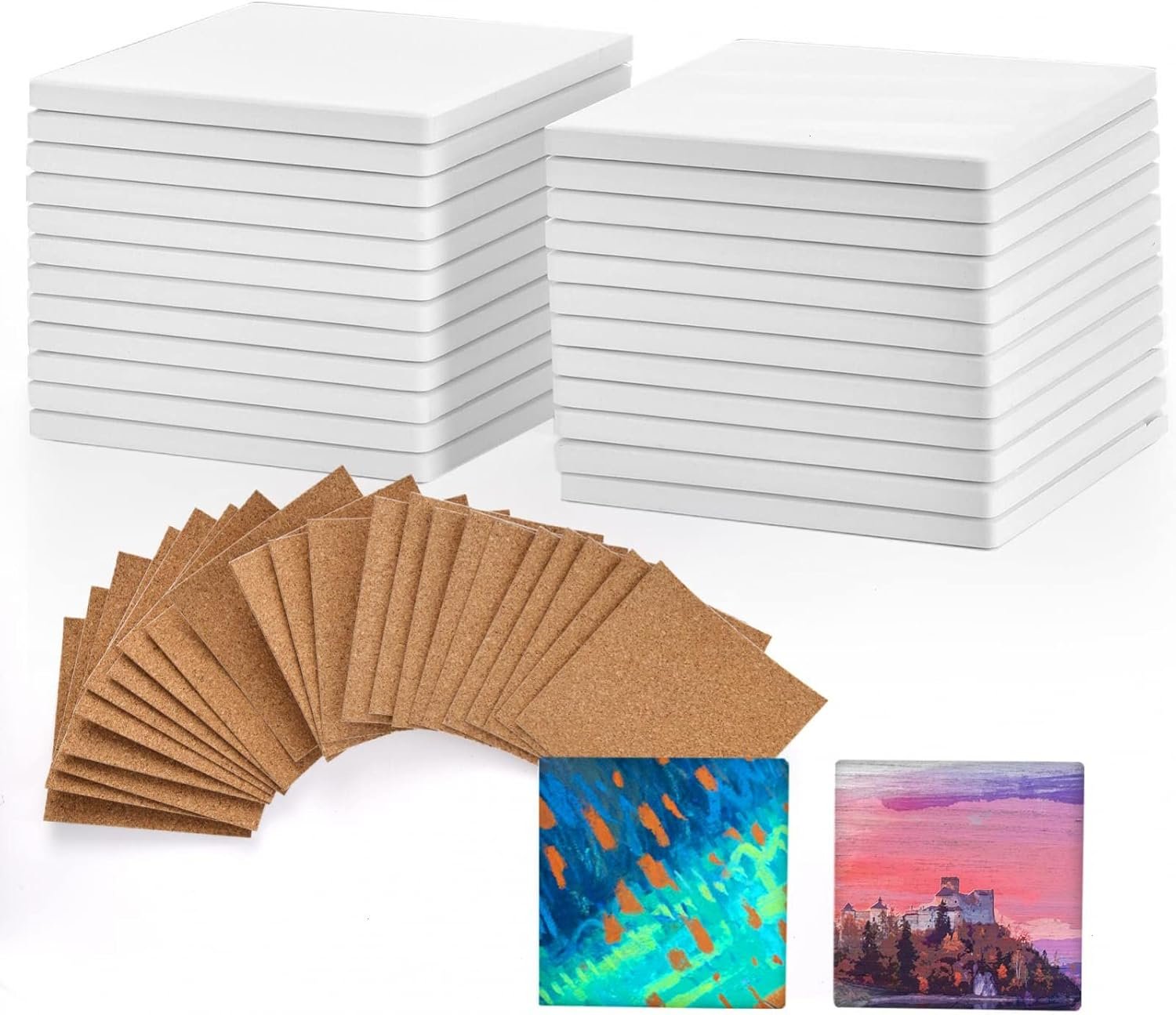 24 Pcs Ceramic Tiles for Crafts Ceramic Coasters for Crafts Blank White Unglazed Ceramic Tile for Painting, Alcohol Ink, Acrylic Pouring – DIY Coaster – Cork Backing Pads Included (4×4 inch)