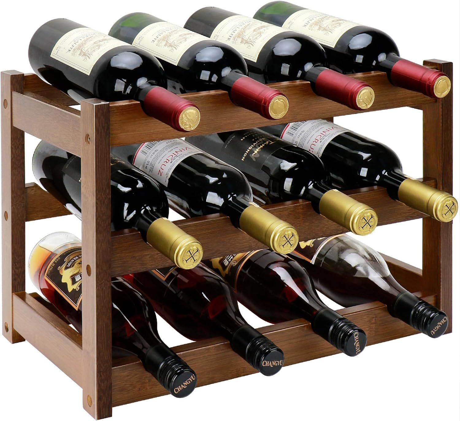 Bamboo Wine Rack, 3-Tier 12 Bottles Wine Storage Cabinet Shelf | Easy Assembly, Sturdy Wine Bottle Holder, Freestanding Bamboo Wine Racks Countertop for Kitchen Pantry Dining Room Bar,Walnut