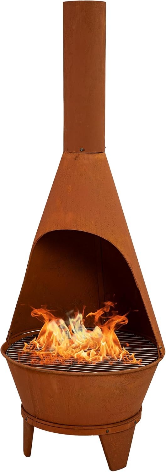 Sunnydaze Large Chiminea Outdoor Fireplace with Grill Grate, Rustic, 58″ | Easy Assembly, Durable Steel Metal Chiminea Fire Pit, Wood Burning, Outside Chimney Firepit for Patio, Deck, or Backyard