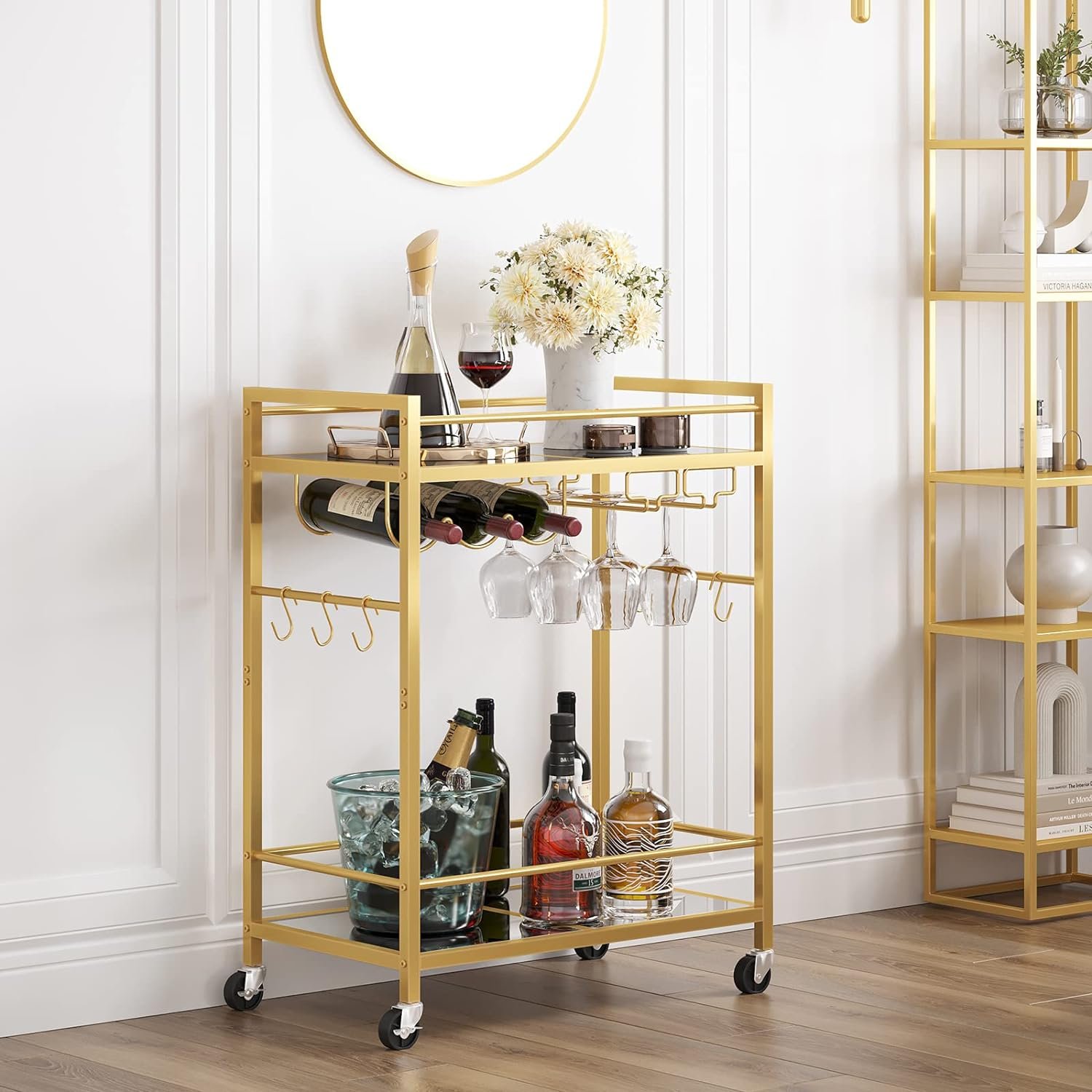 TUTOTAK Gold Bar Cart with 2 Mirrored Shelves, Wine Rack & Glass Holder | 2-Tier 23.7 Inch Wide Home Bar Serving Carts, Small Mobile Kitchen Shelf with 6 Hooks, Gold BC01BB031