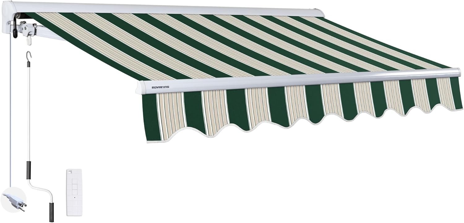 14’x10′ Motorized Patio Retractable Awning | Luxury Series | Premium Quality, 100% Solution-Dyed European Acrylic UV Sun Shade, Color: Garden Green Stripes, EA1410-A808H2