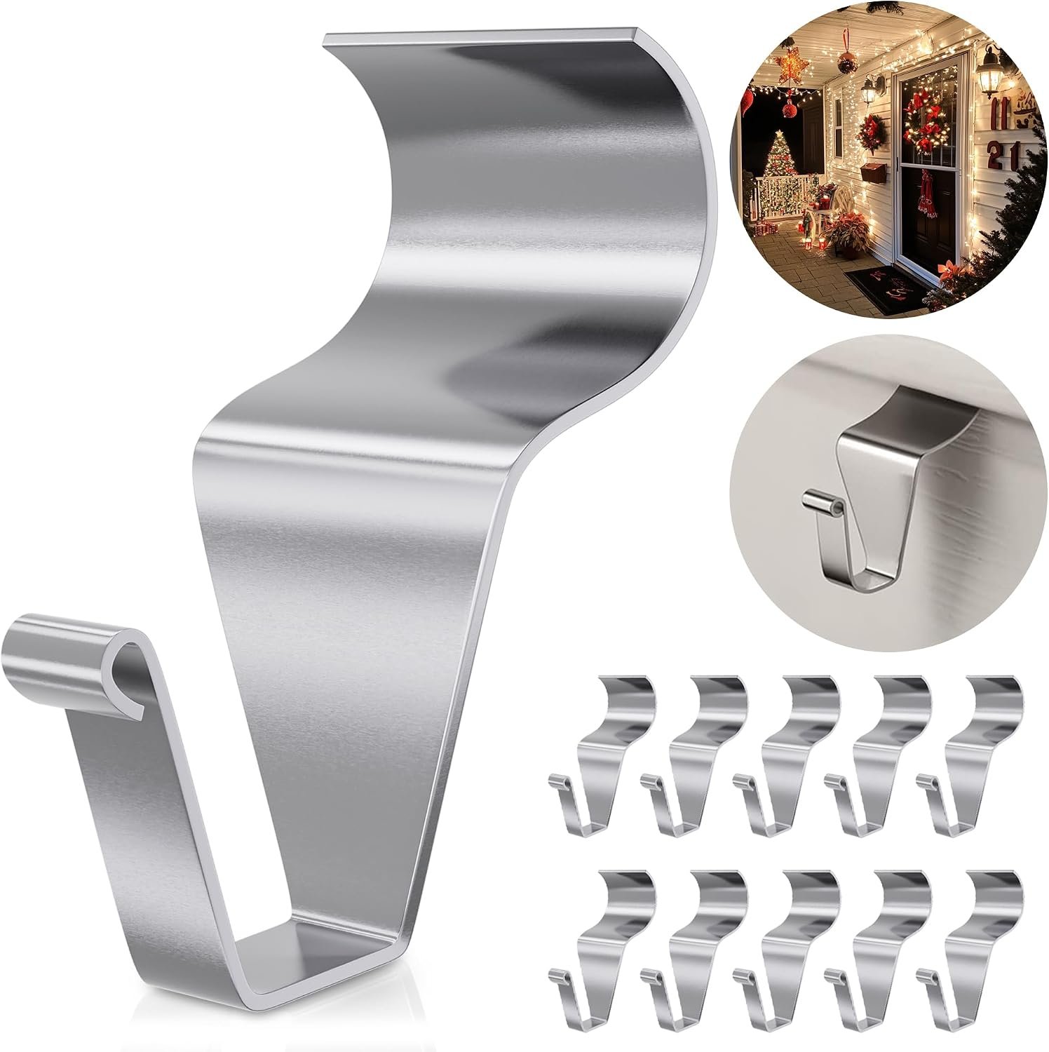 Amuille Vinyl Siding Hooks Hanger 10 Pack, Heavy Duty Siding Clips for Hanging on Patio, No-Hole Needed Stainless Steel Siding Hook to Decor Wreath Things for Horizontal Vinyl Siding