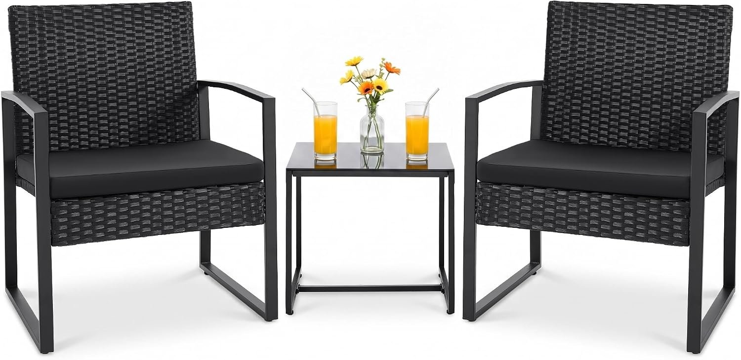 Flamaker 3 Pieces Patio Furniture Set Outdoor Wicker Bistro Chair (Black) | Modern Patio Conversation Rattan Front Porch Chairs Set of 2 with Coffee Table for Balcony and Yard