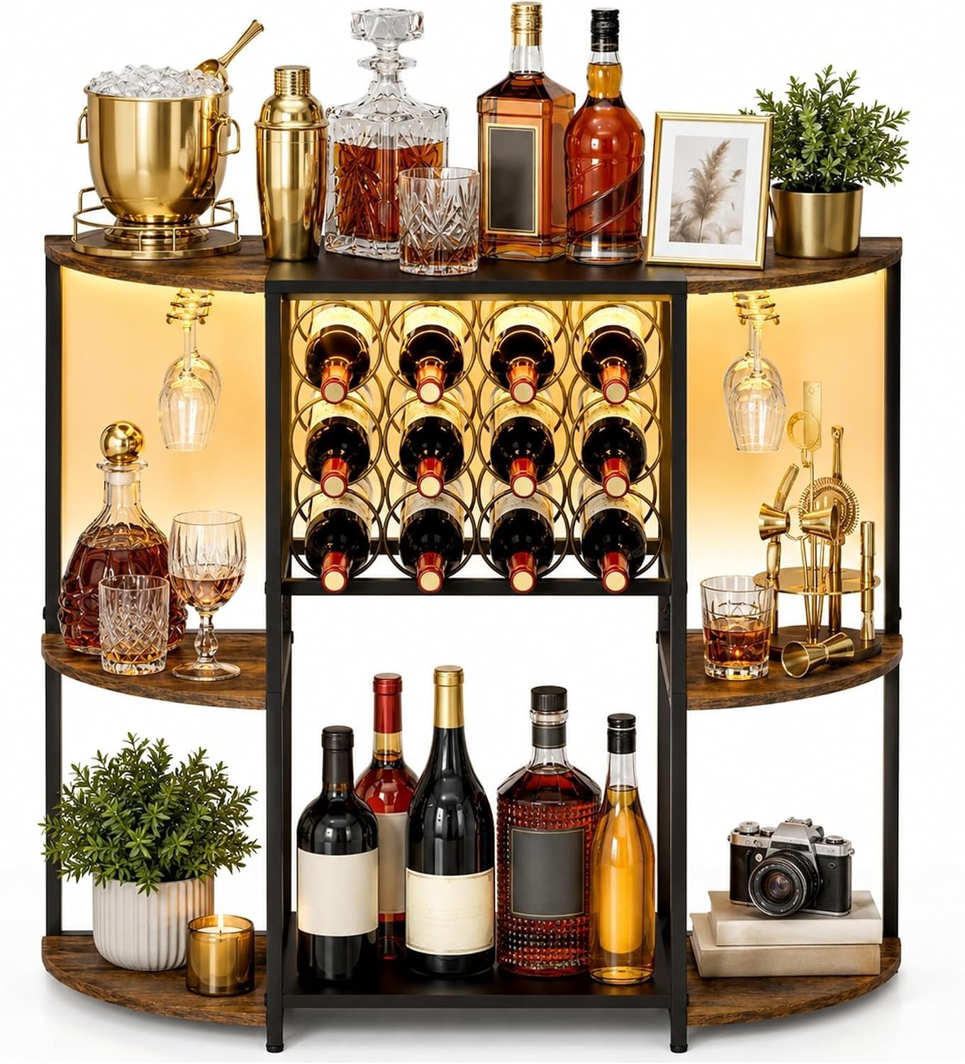 JKsmart Wine Bar Cart with LED Lights, Mini Wine Rack with Storage and Glass Holder, Small Home Bar Cart for Liquor, 3-Tier Bar Table for Kitchen, Dining Room, Living Room, Rustic Brown
