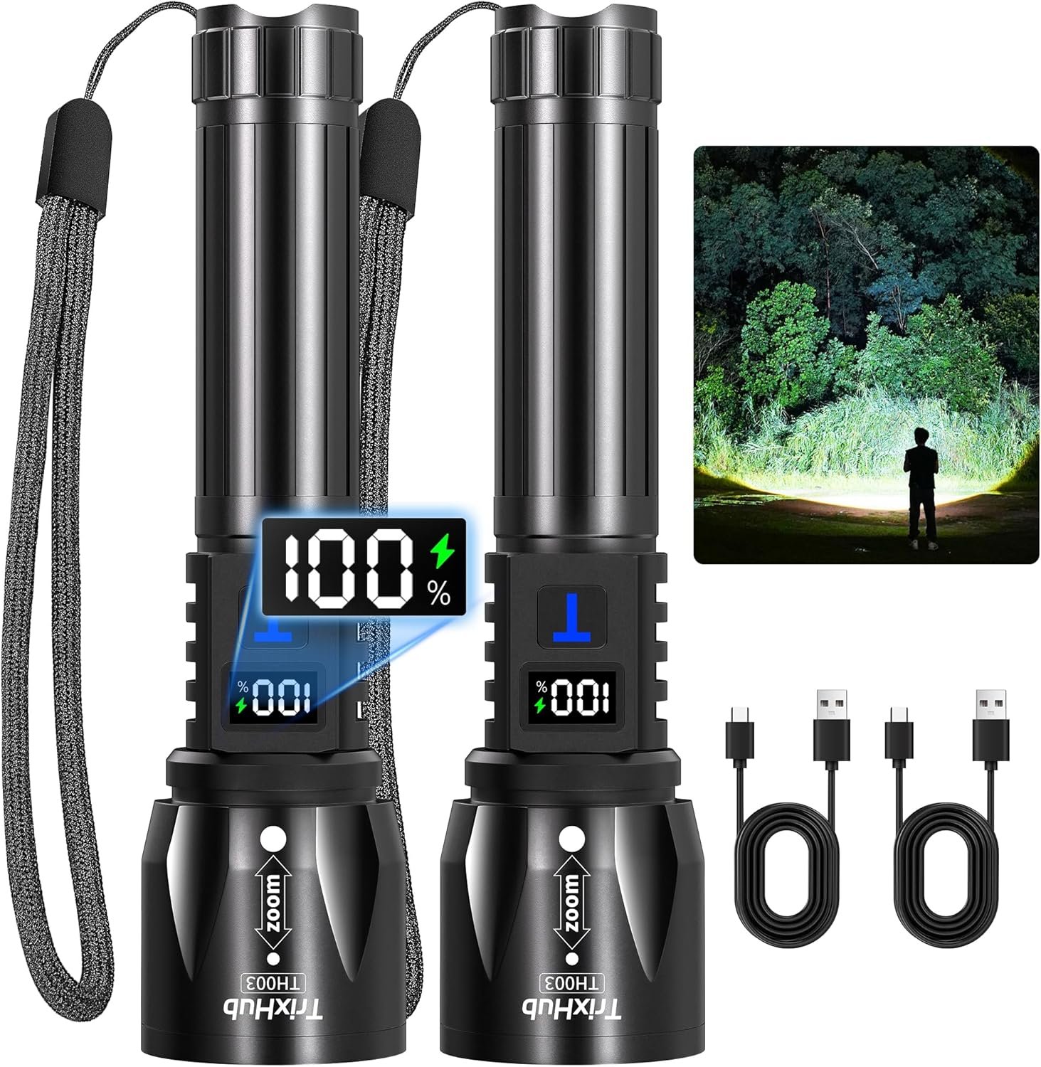 Rechargeable Flashlights High Lumens 2Pack, 5Mode Flash Light with LCD Digital Display, Super Bright Adjustable Tactical Flashlight, High Powered LED Handheld Flashlight for Home