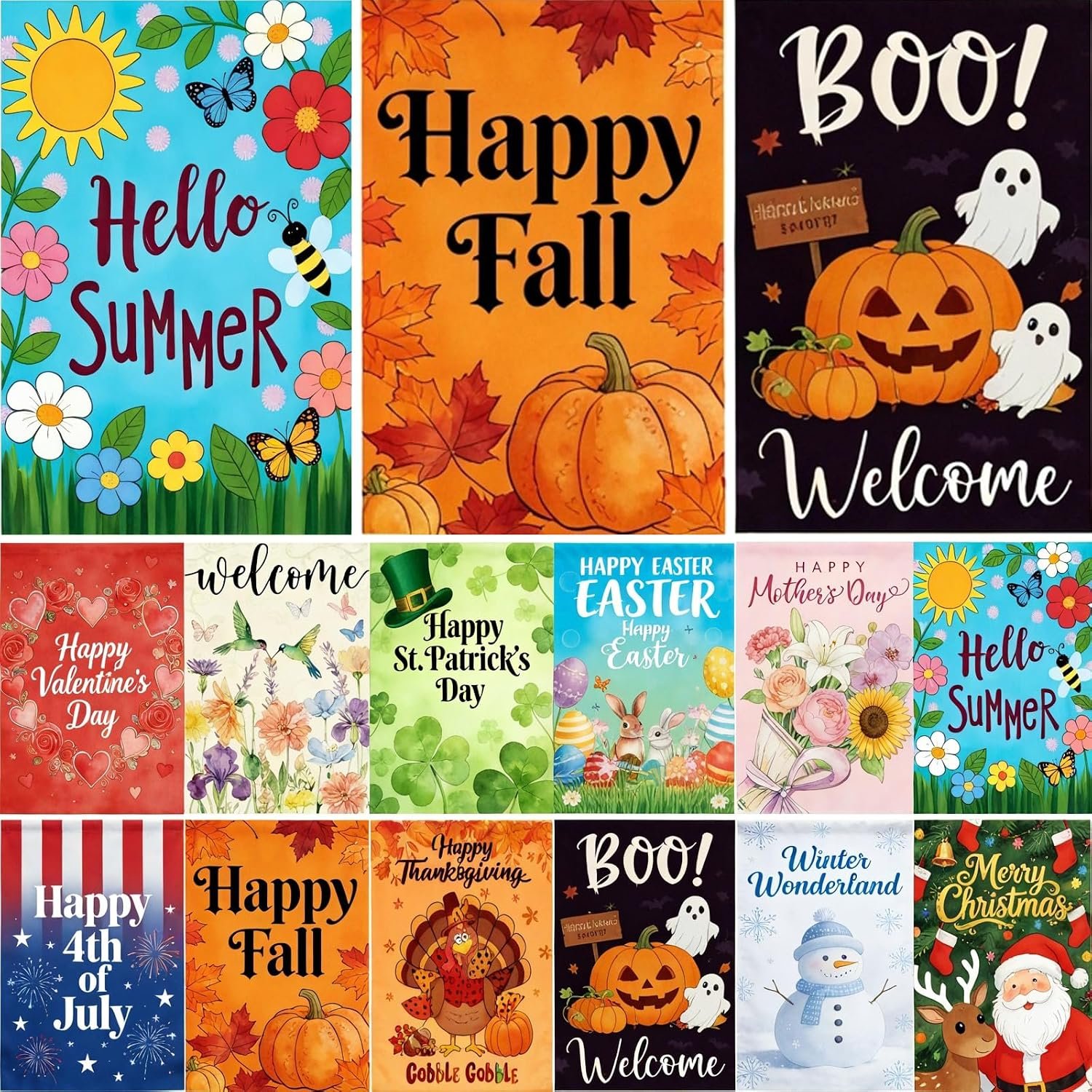 Seasonal Garden Flags Set of 12, KissDate 12 x 18 Inch Double Sided Yard Flags Garden Flags for Outside, Fall Autumn Thanksgiving Halloween Summer Garden Flag, Outdoor Banners Holiday Garden Christmas Halloween Decorations