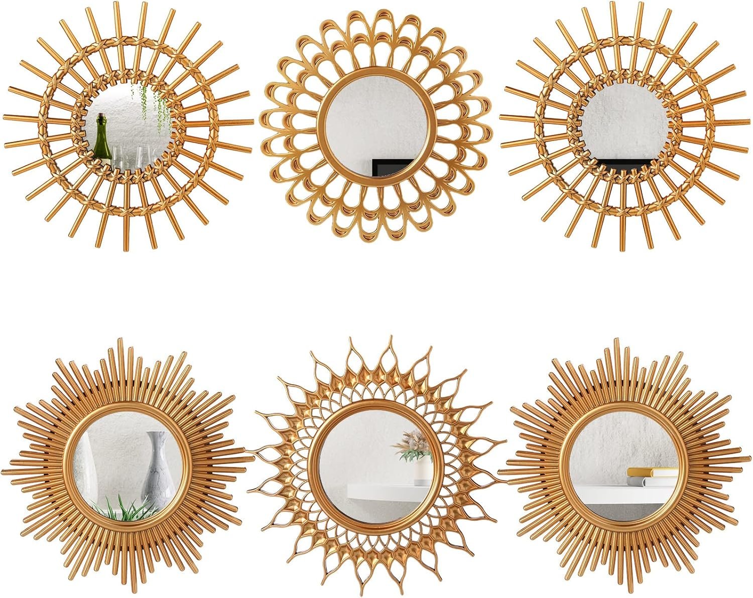 6 Pcs Sunburst Mirror for Wall Decor, Small Circle Sun Decorative Mirror Hanging for Art Entryway Home Decor Bathroom Bedroom Living Room(Classic,Gold)