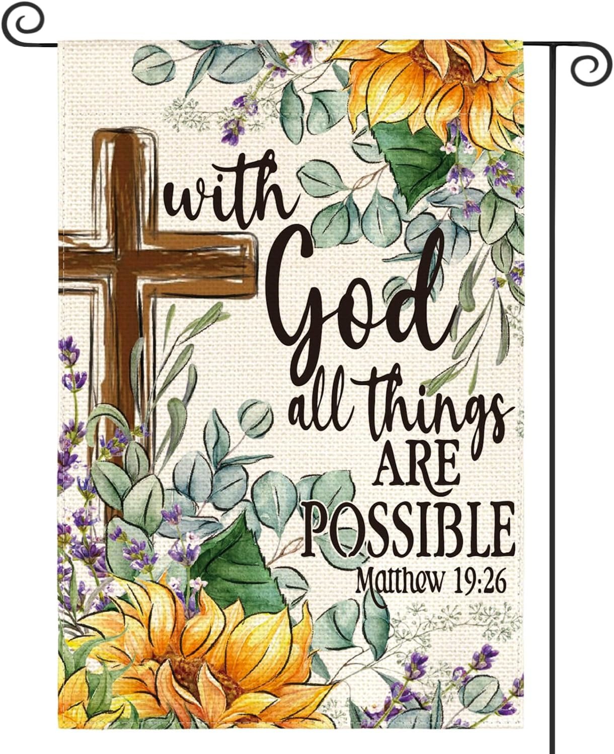 AVOIN colorlife Christian Bible Verse Spring Summer Garden Flag 12×18 Inch | Double Sided, Weather & Fade Resistant, Yard Outdoor Decor for Outside, With God All Things Are Possible, Sunflower Cross