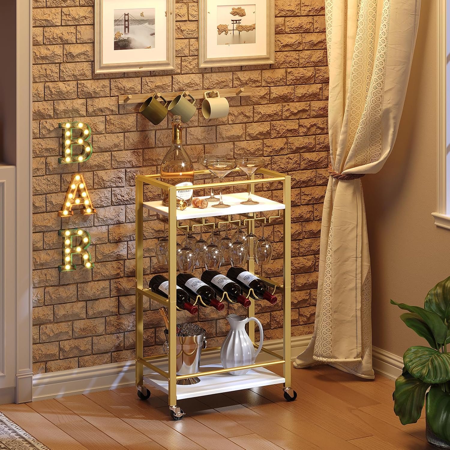 MAHANCRIS Bar Cart for Home, Mini Rolling Wine Cart, 3 Tier Serving Cart, Kitchen Storage Cart with Wine Rack and Glass Holders, for Kitchen, Dining Room, Living Room, Gold and White RCJW9301