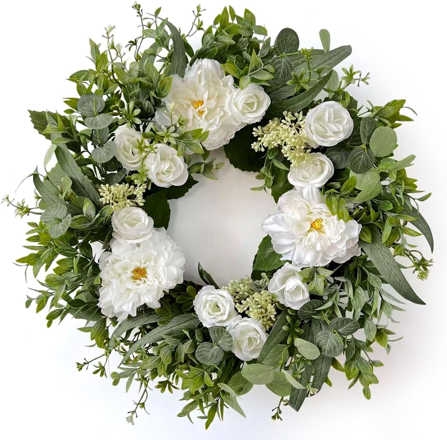 Betylifoy Summer Wreaths for Front Door 24″ Artificial Floral Wreath with White Dahlia Rose Green Eucalyptus Leaves Wreath Summer Door Wreaths for Outdoor Indoor Farmhouse Wall Home Decor