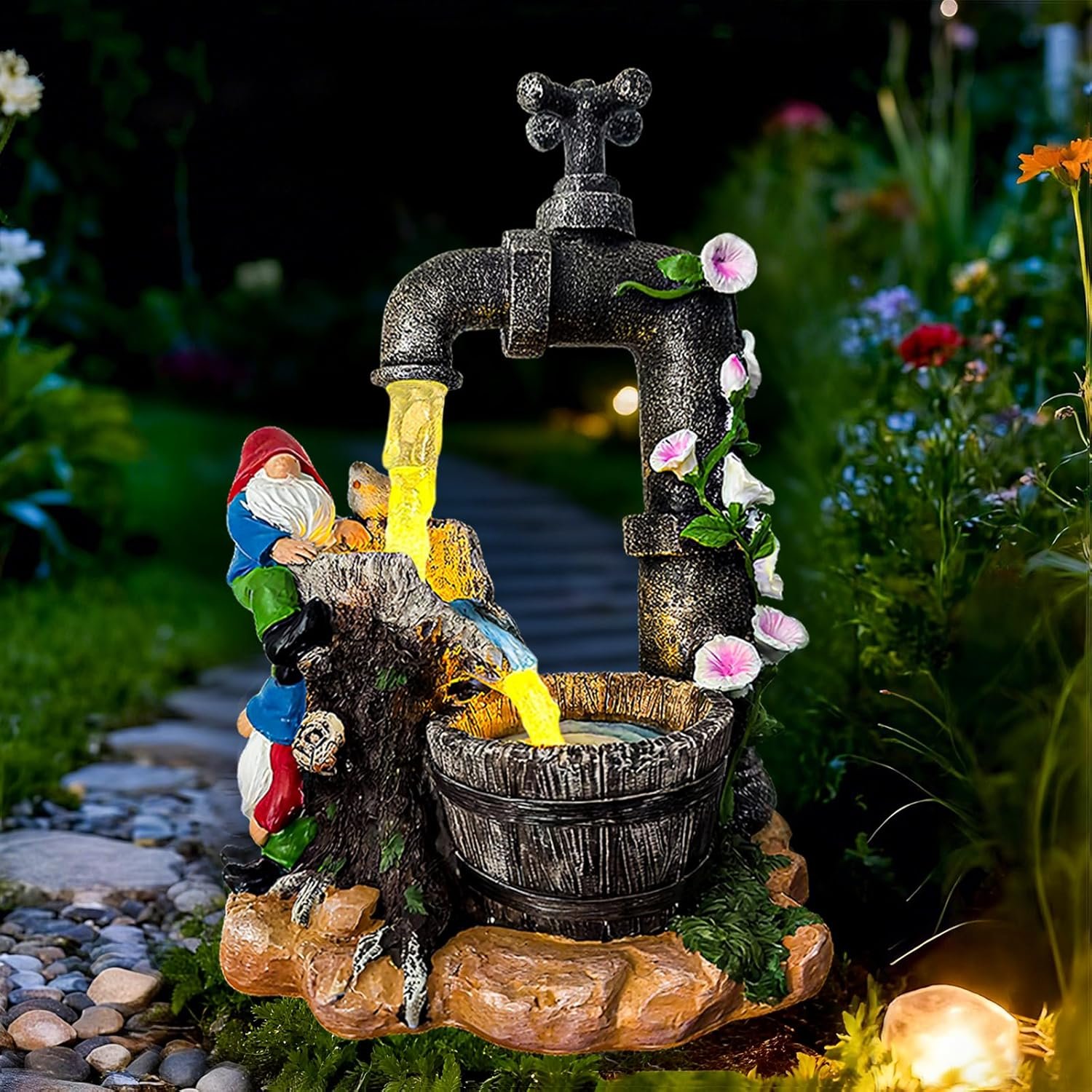 Solar Garden Gnomes Lights Outdoor Statues Yard Decorations Gifts for Mom | 10″ Resin Fountain Figurine Lights,IP65 Waterproof, Patio Lawn Balcony Art Decorations,Thoughtful Gifts for Women Mom