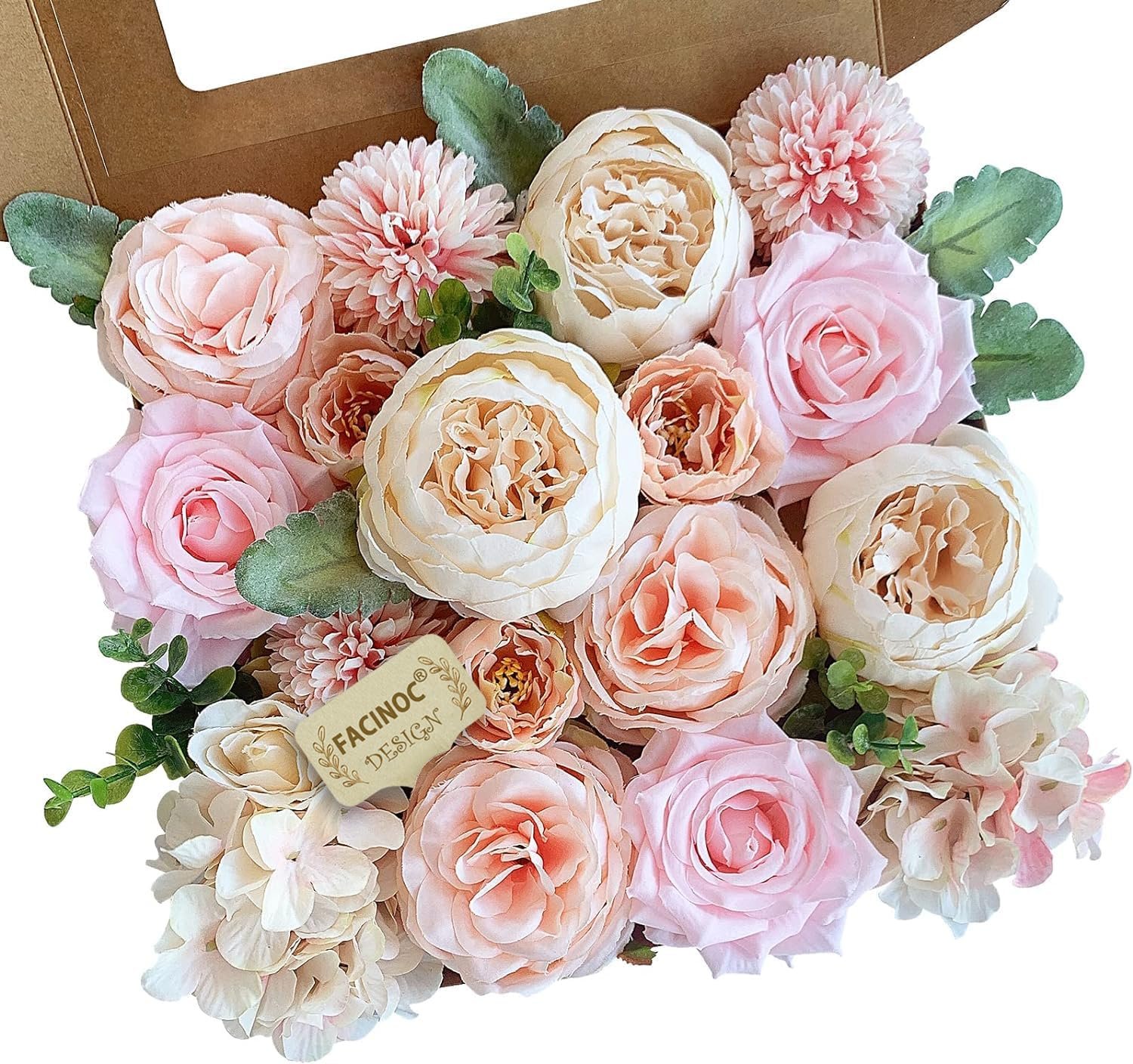 FACINOC Peonies Artificial Flowers Pink Silk Roses Blush Peony Bulk for DIY Wedding Bouquet Bridal Shower Decorations Fake Floral Arrangement Party Table Centerpieces Home Decor Indoor Peach Box 20pcs