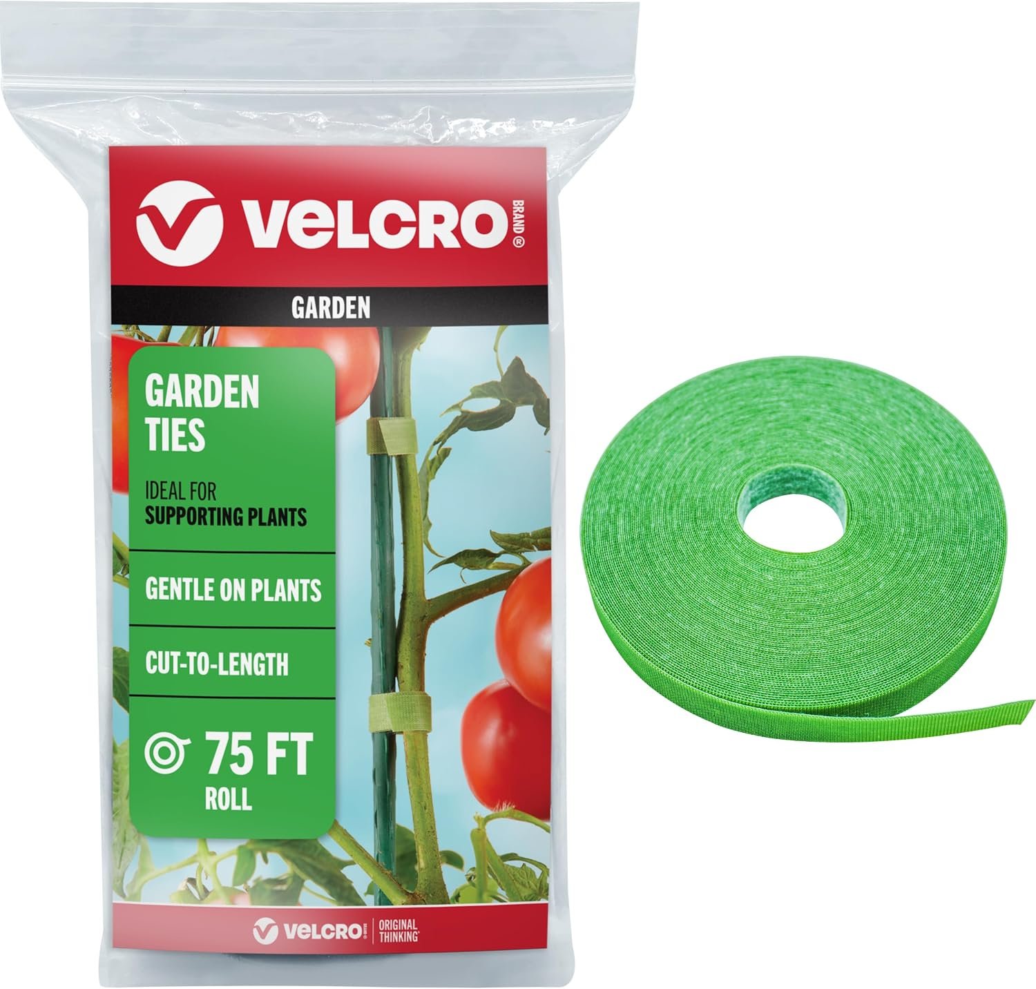 VELCRO Brand Adjustable Plant Ties | 75 ft x 1/2 in Green Garden Tape | Reusable, Cut-to-Length Hook & Loop Plant Support for Staking, Training & Organizing Tomatoes, Vines, and Flowers