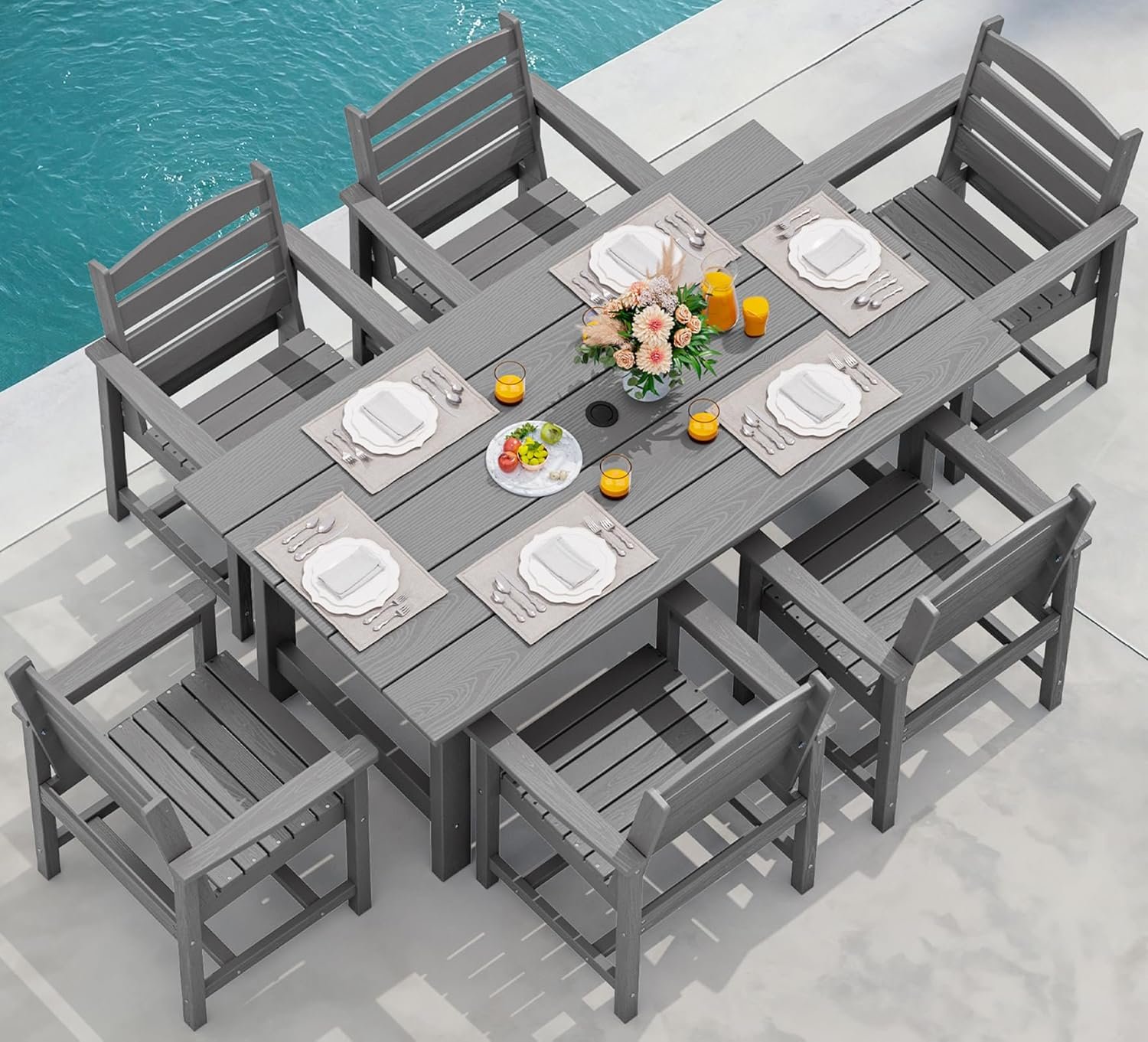 SERWALL 7 Pcs Outdoor Dining Set, 67″ HDPE Dining Set for 6, Gray | Outdoor Dining Furniture with Rectangular Table & 6 Chairs, All-Weather Resistant Dining Set
