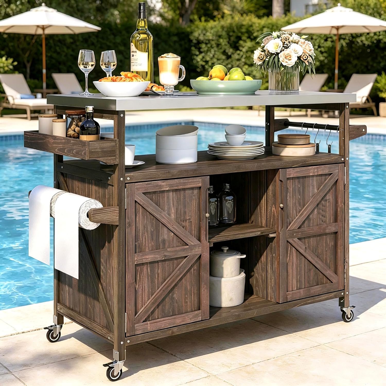 50.25″ Outdoor Kitchen Island, Rolling Bar Cart & Storage Cabinet, Farmhouse Solid Wood Grill Table with Stainless Steel Top, Spice Rack, Towel Rack for Kitchen & Barbecue