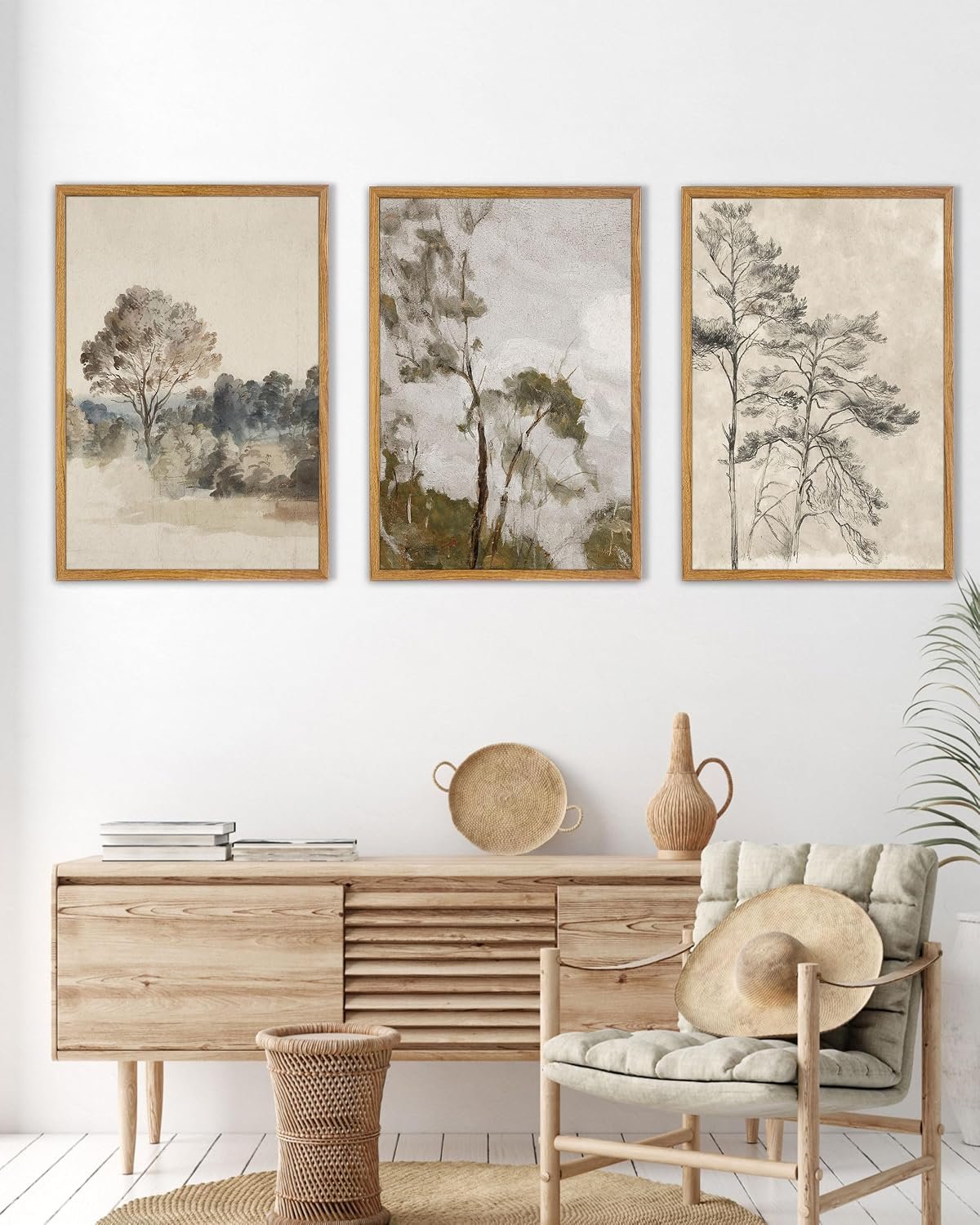 UPWOIGH Neutral Landscape Framed Wall Art, 16 x 24 Inch, Set of 3 | Muted Tree and Countryside Prints, Soft Beige and Gray Tones, Light Wood Frames for Bedroom, Office and Living Room