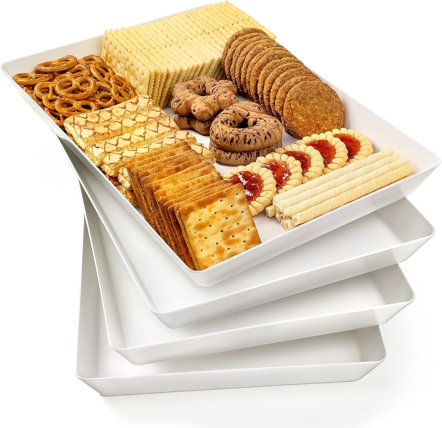 4-Pack Plastic 16″ x 11″ Large White Serving Trays Set – Reusable Serving Platters for Cookie, Appetizer, Charcuterie, Snack, Dessert, Party Food Display – Stackable Kitchen CounterTop Tray, BPA Free